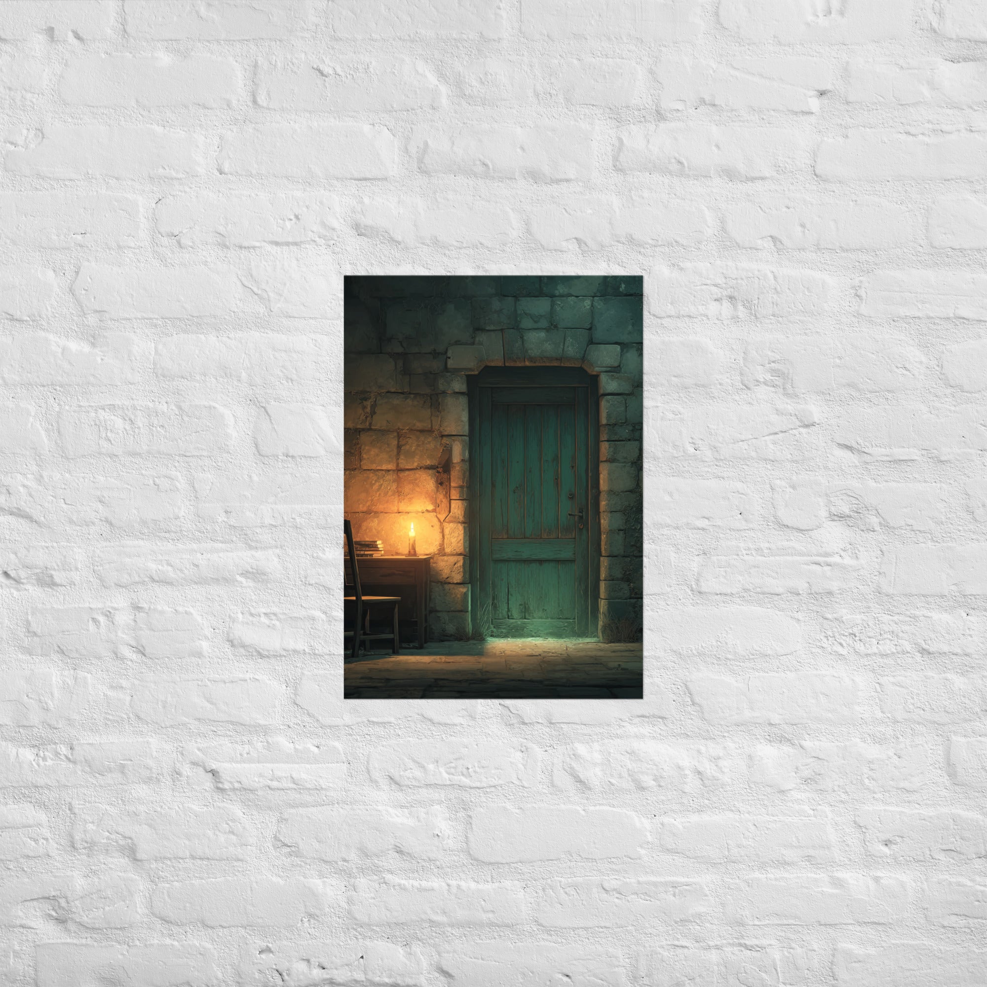Survival horror save room print in a moody room, A2