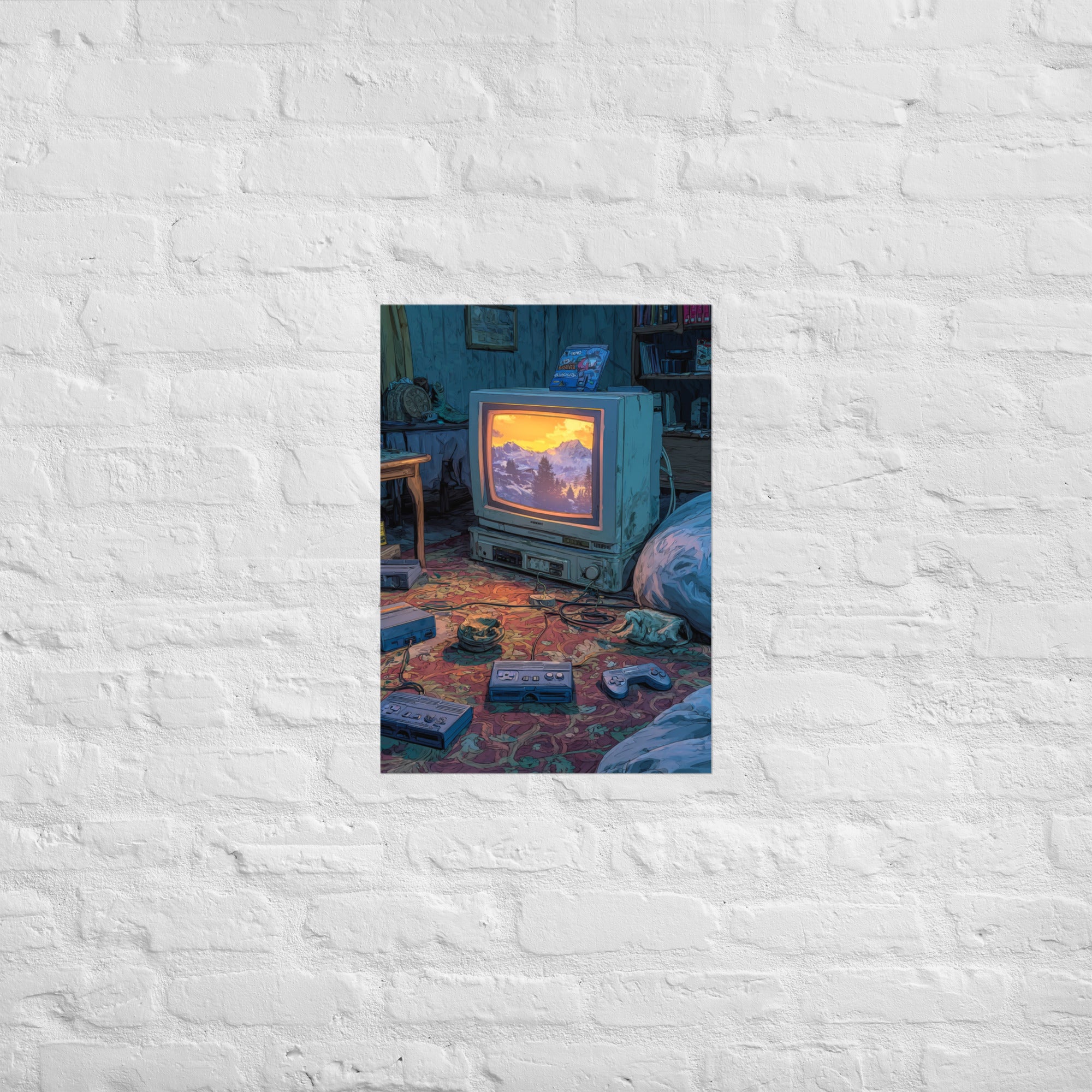 90s gaming aftermath print in a moody room, A2