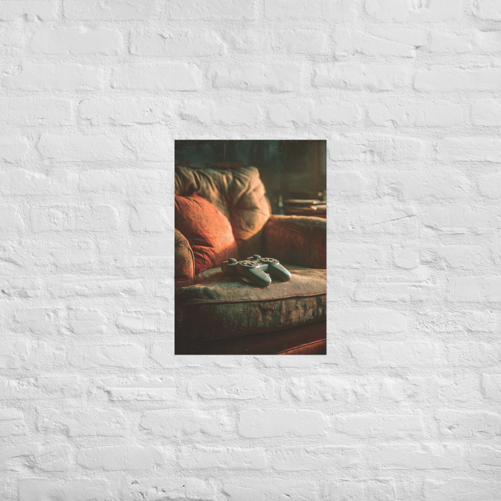 Couch gaming good seat print in a sibling game room, A2