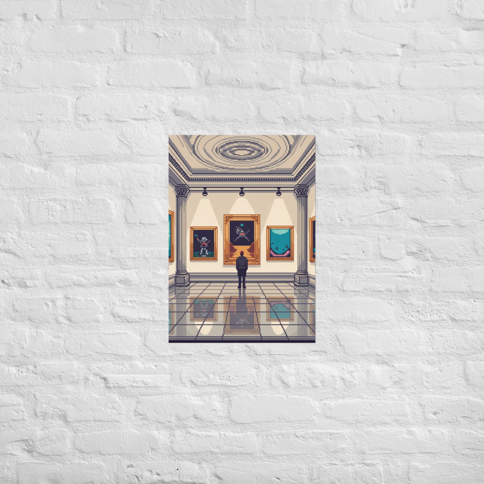 8-bit museum gallery print in a curated room, A2