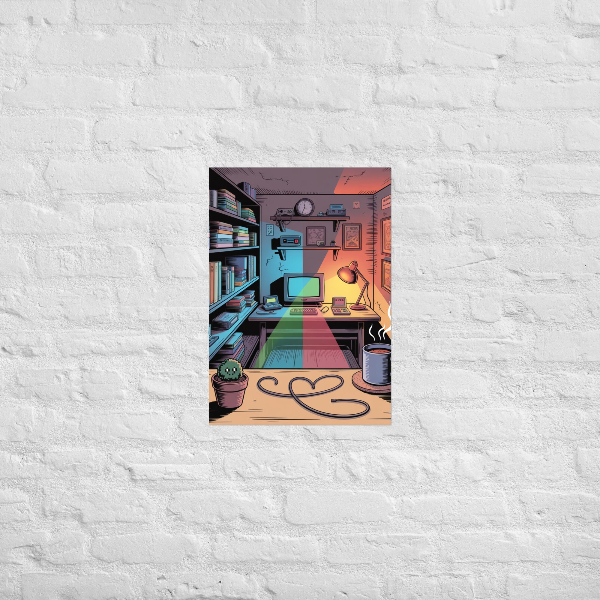 Late-night retro gaming print in a moody room, A2