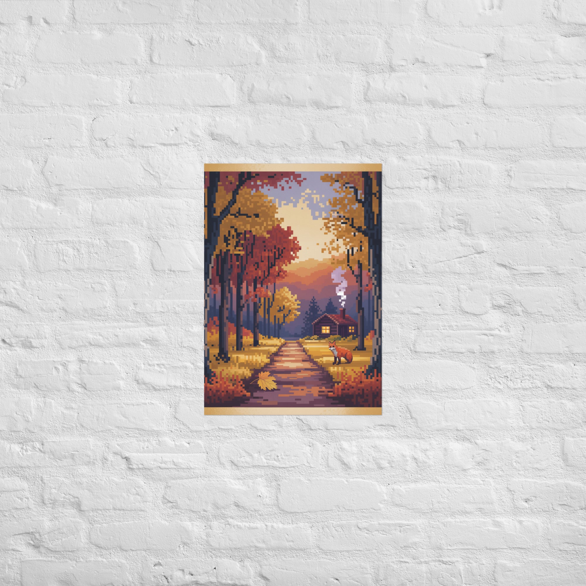 8-bit autumn pixel print in a home office, A2