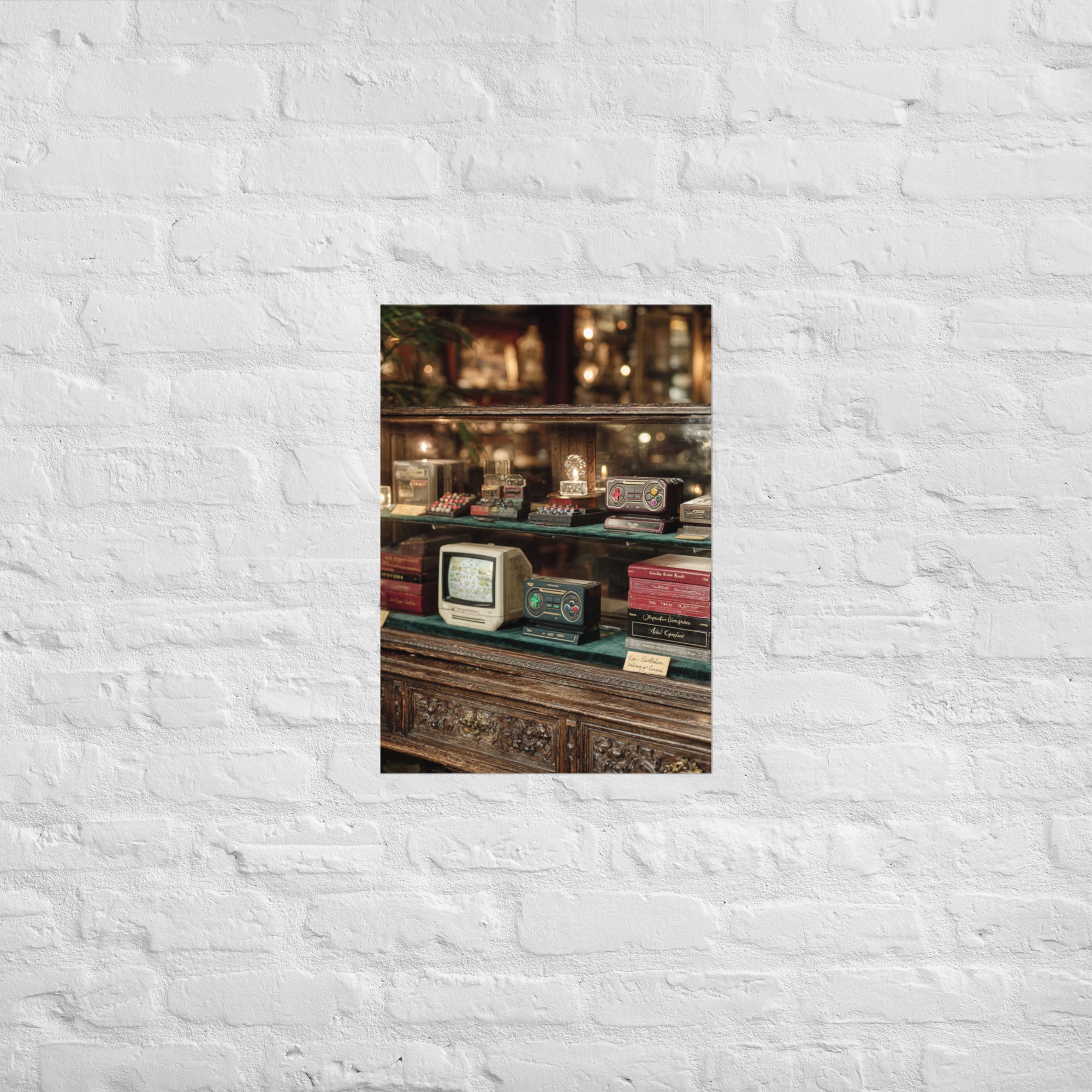 Vitrine collector print in a design-led living room, A2