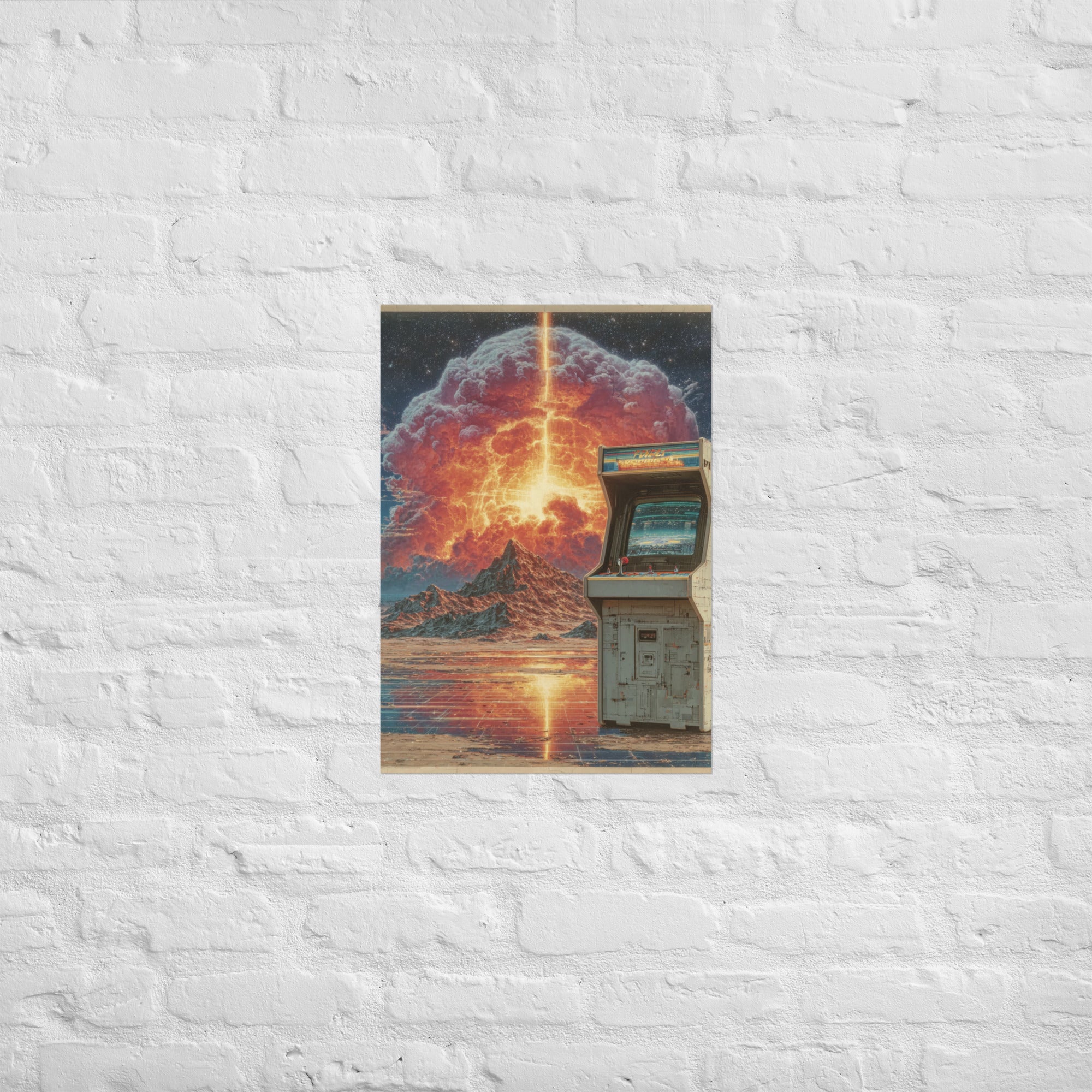 Synthwave ascension gaming print in a design-led room, A2