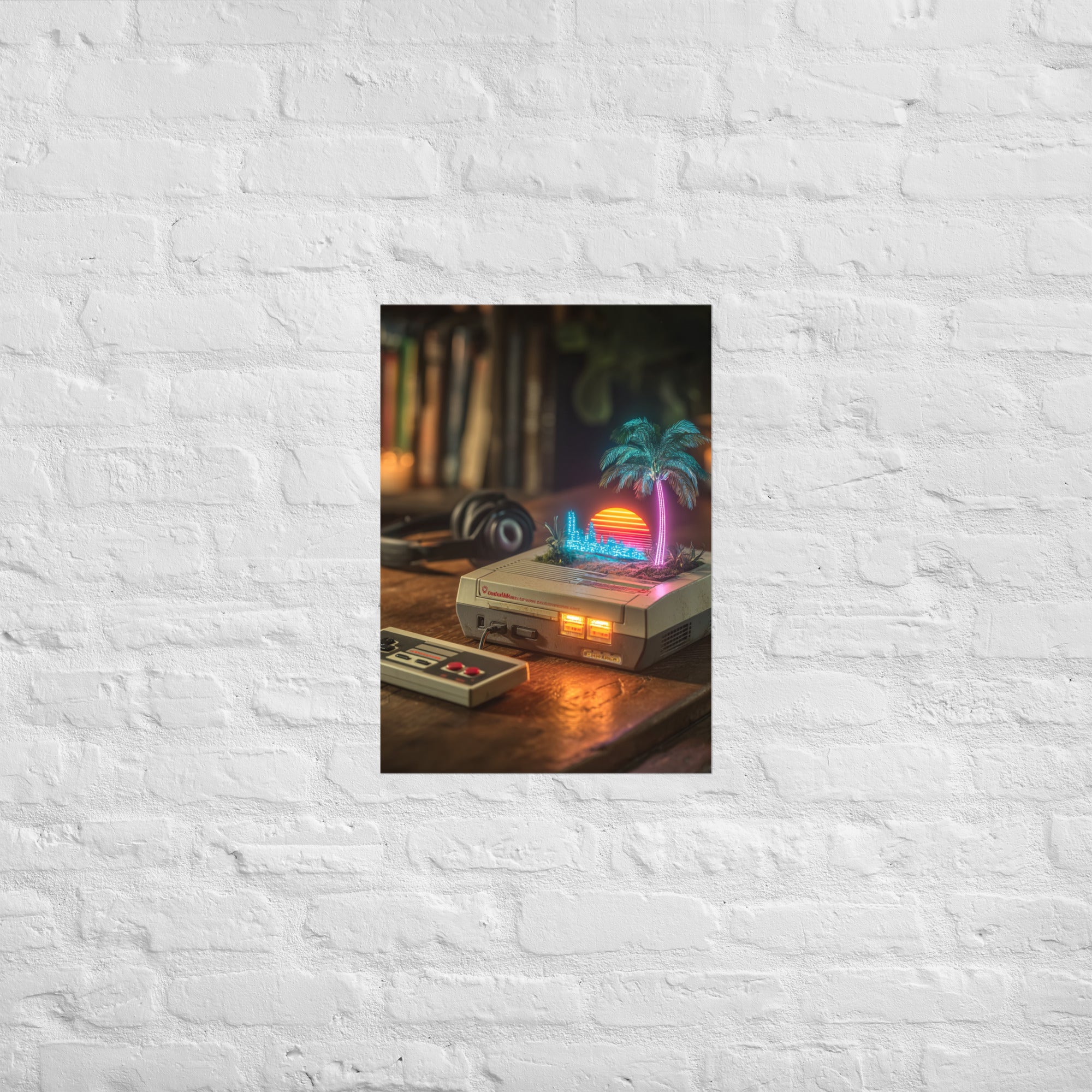 Synthwave console gaming print in a design-led room, A2