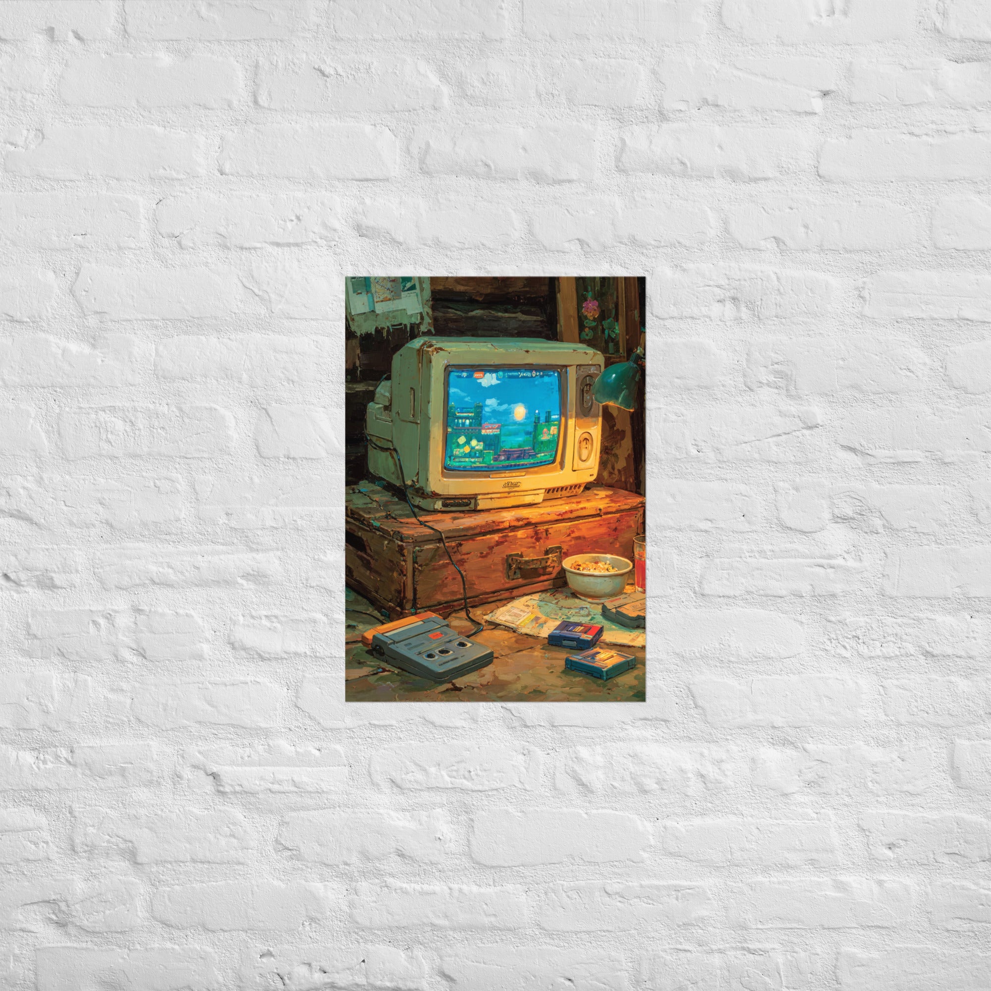 NES altar print in a console collector display, A2