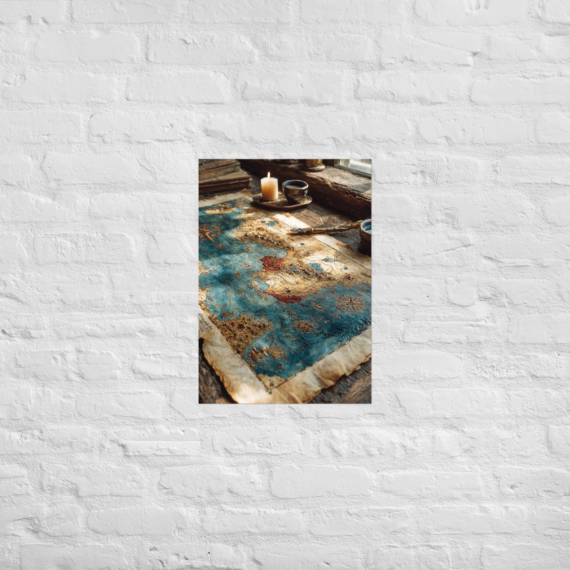Unfinished pixel map print hung in a fantasy library, A2 size