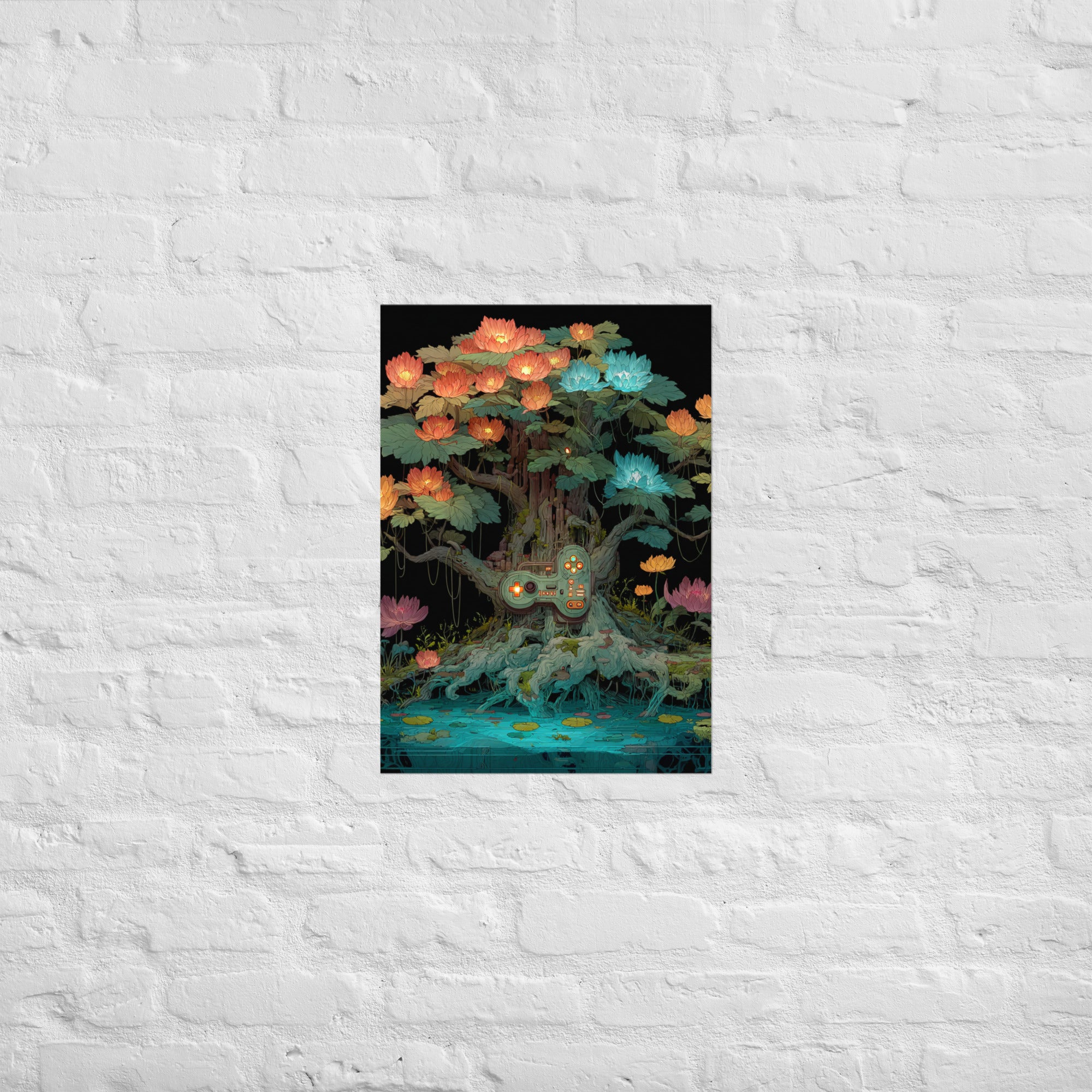 Controller evolution tree print in a retro game room, A2 size