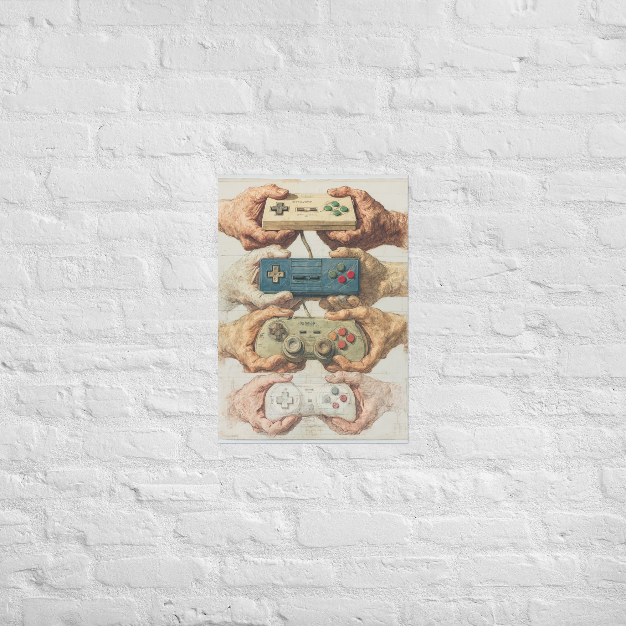 Controller evolution print hung in a retro gamer's living room, A2 size (16.5×23.3 inches)
