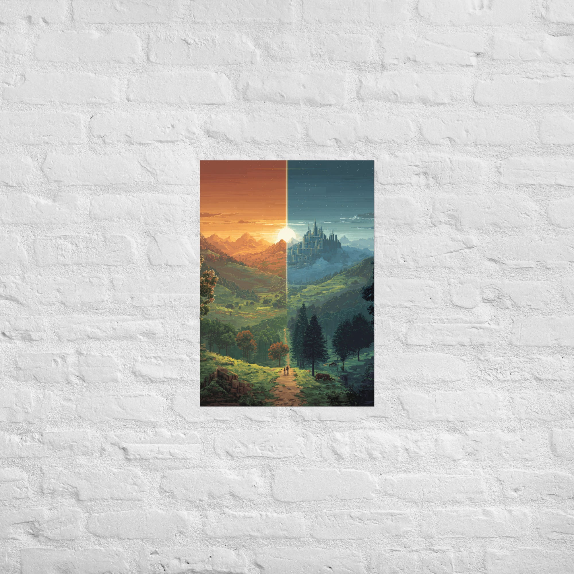 Couch co-op print hung above a retro game-room couch, A2 size