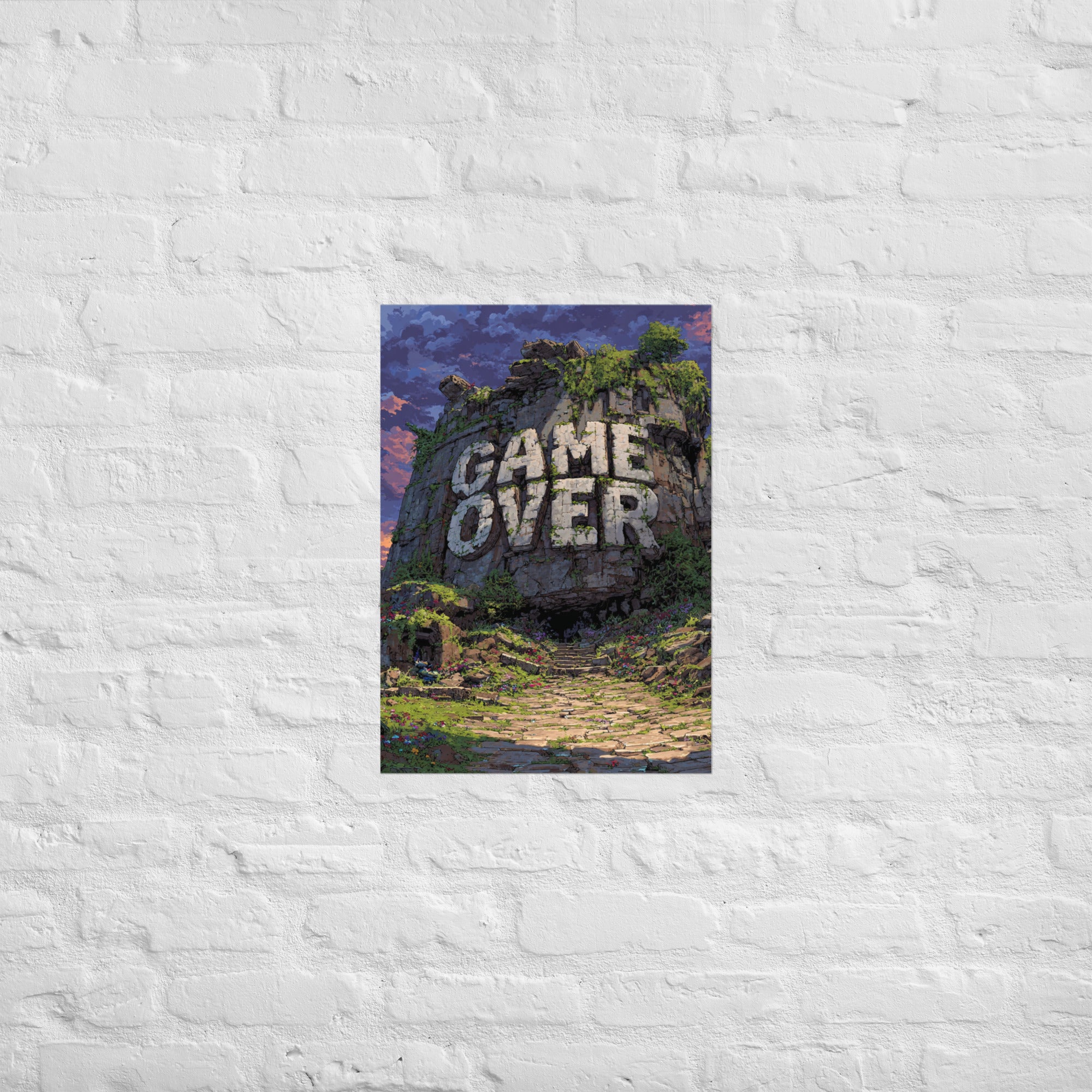 Game Over arcade print hung in a retro game room, A2 size