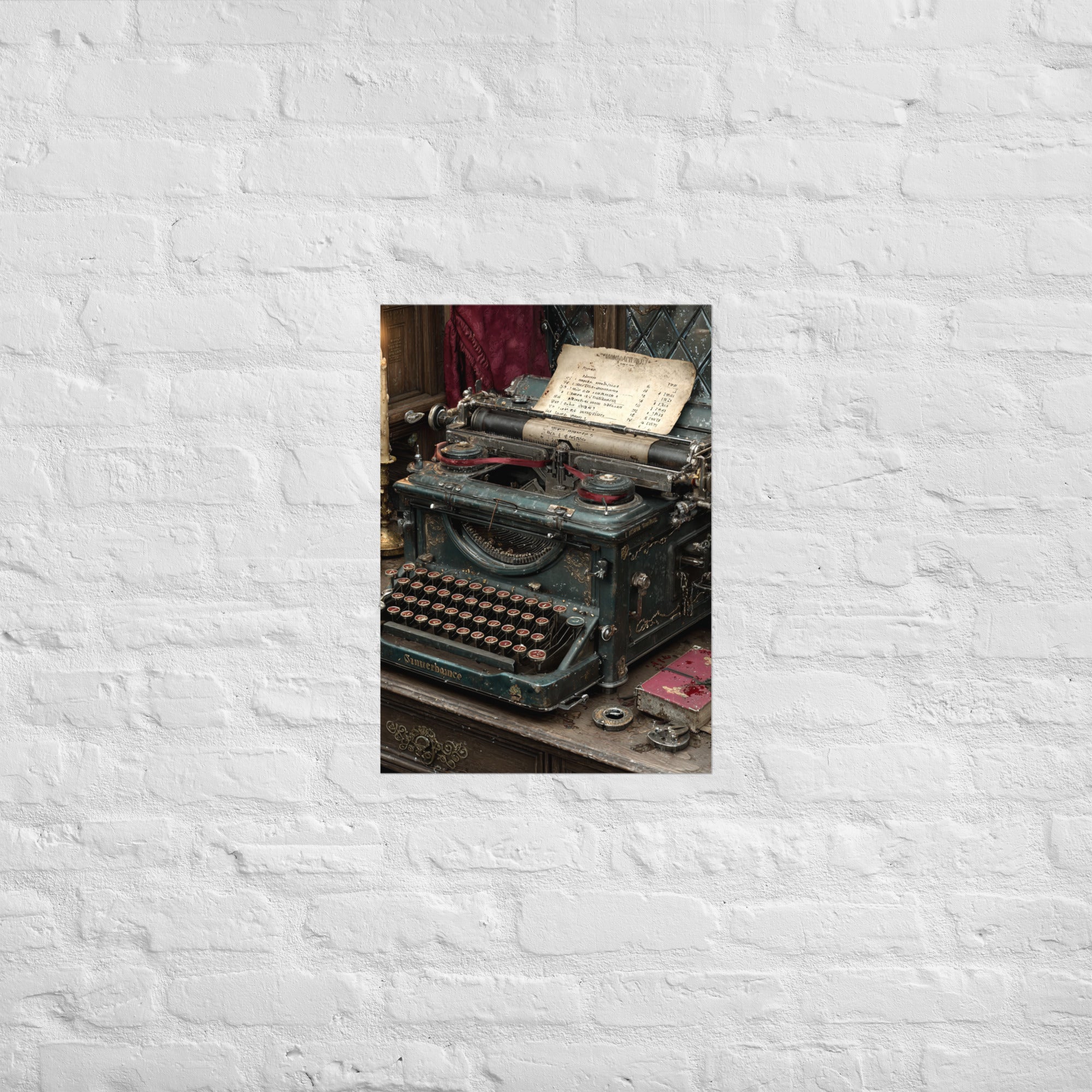 Save room typewriter print hung in a horror-gaming themed room, A2 size