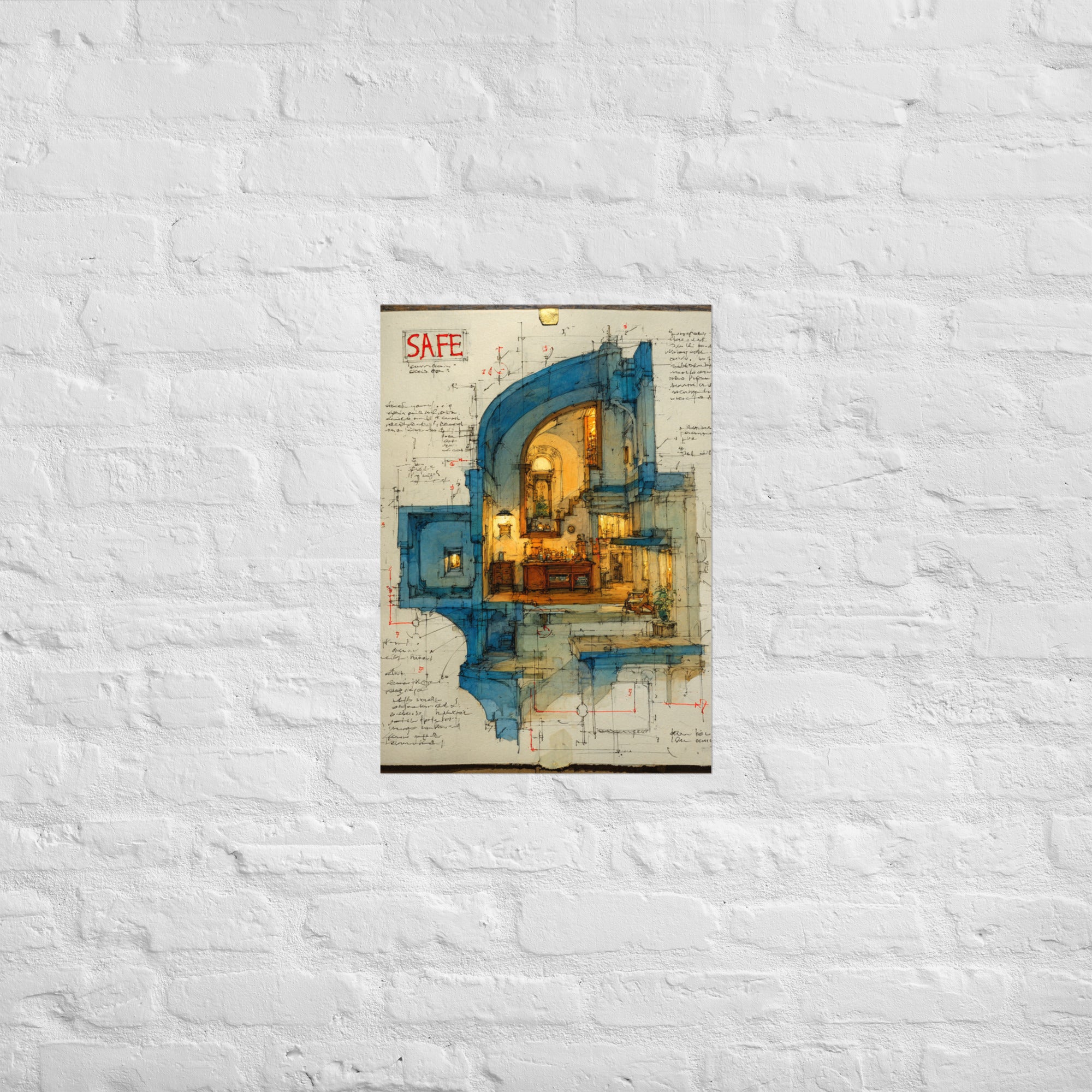 Save room blueprint print hung in an architect's home studio, A2 size