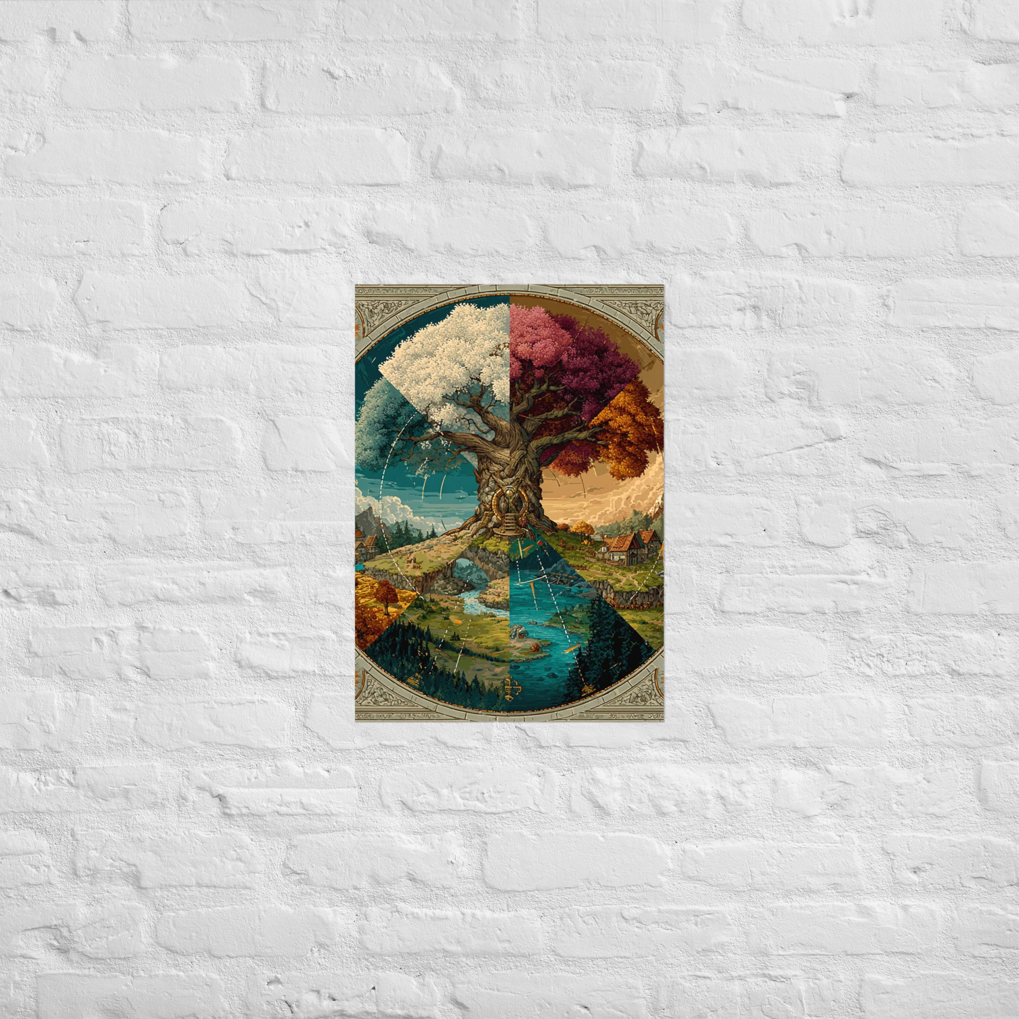 Four-seasons fantasy overworld map print hung in a fantasy author's study, A2 size
