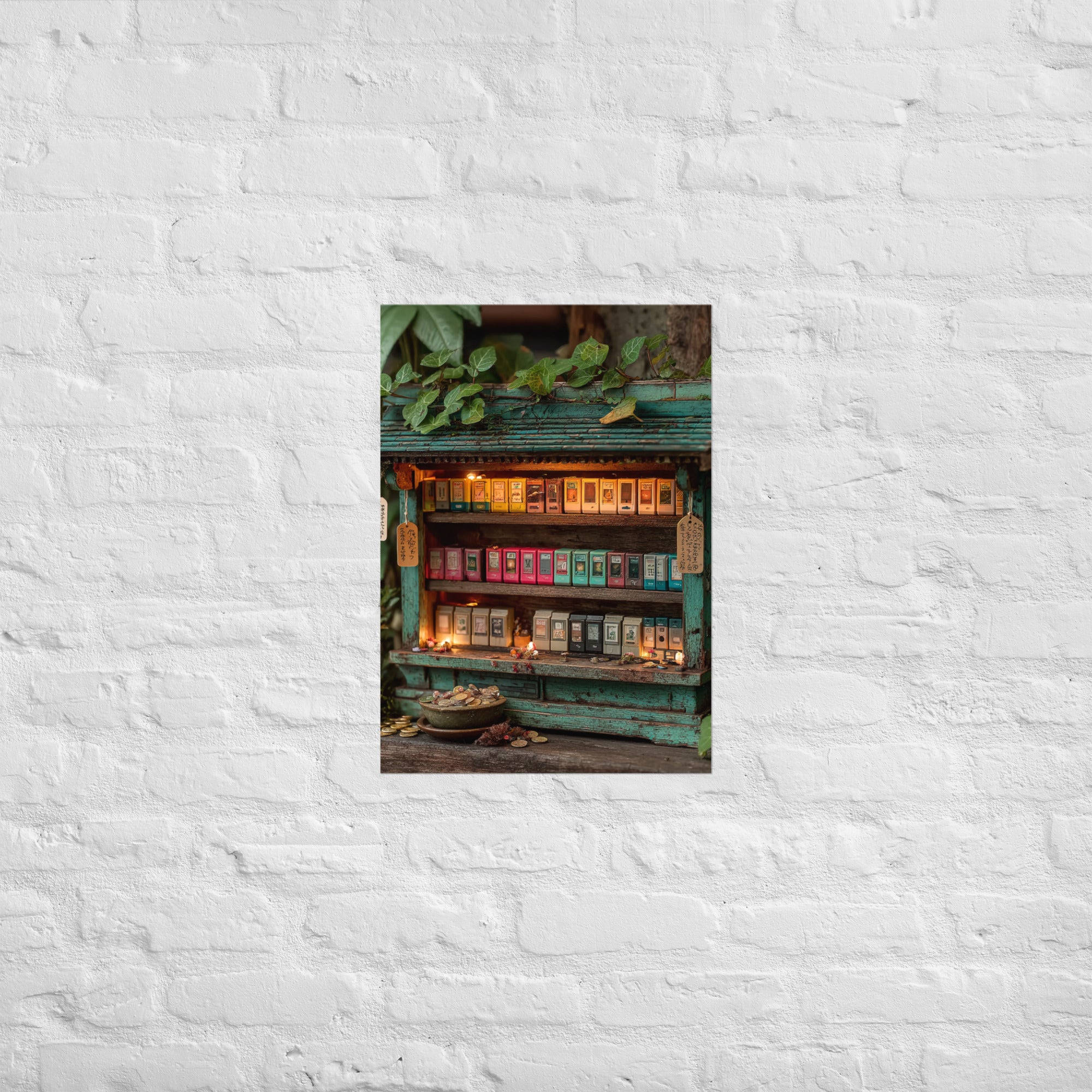 Cartridge shrine print hung in a retro game room above a console shelf, A2 size