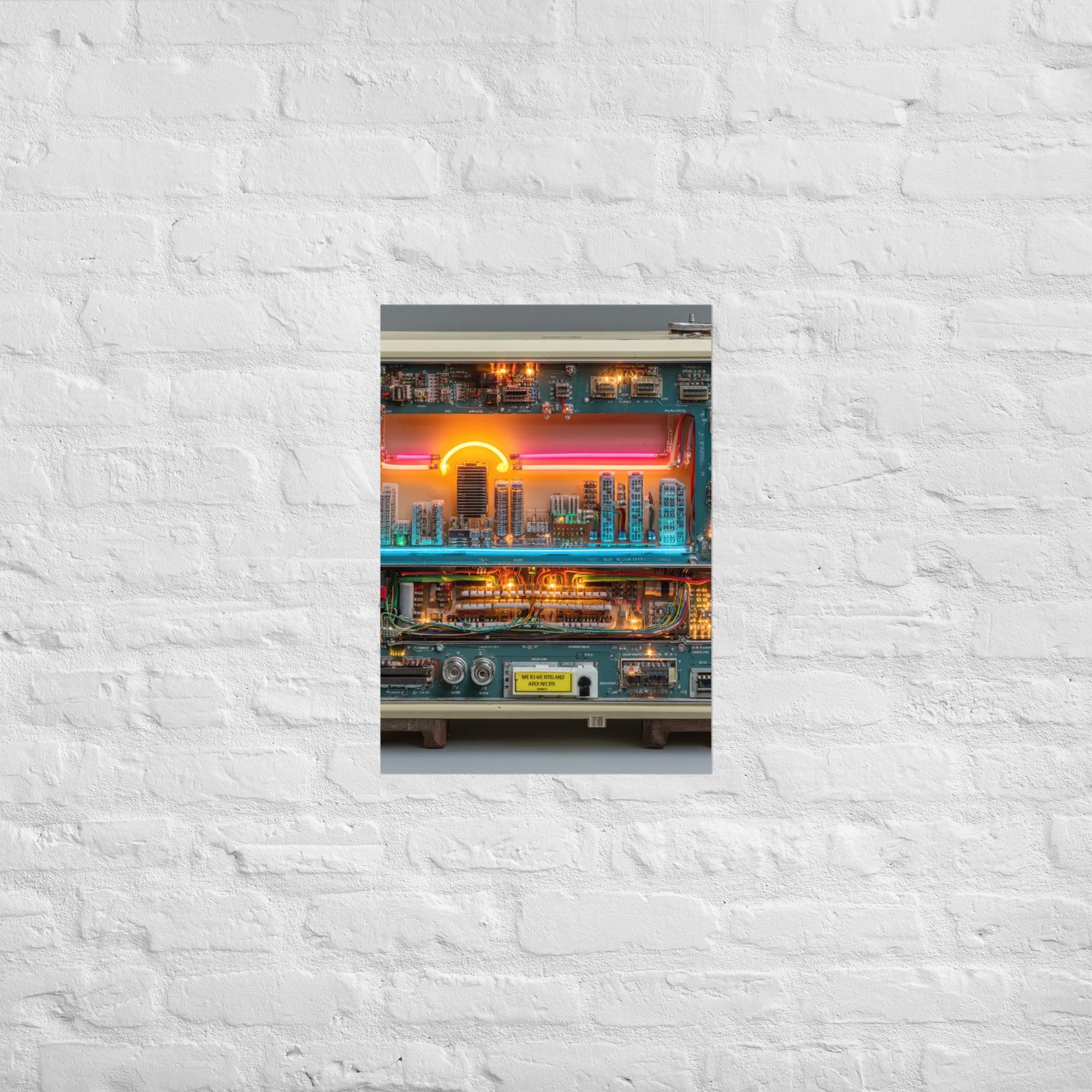Arcade cabinet neon print hung in a barcade-styled home bar, A2 size