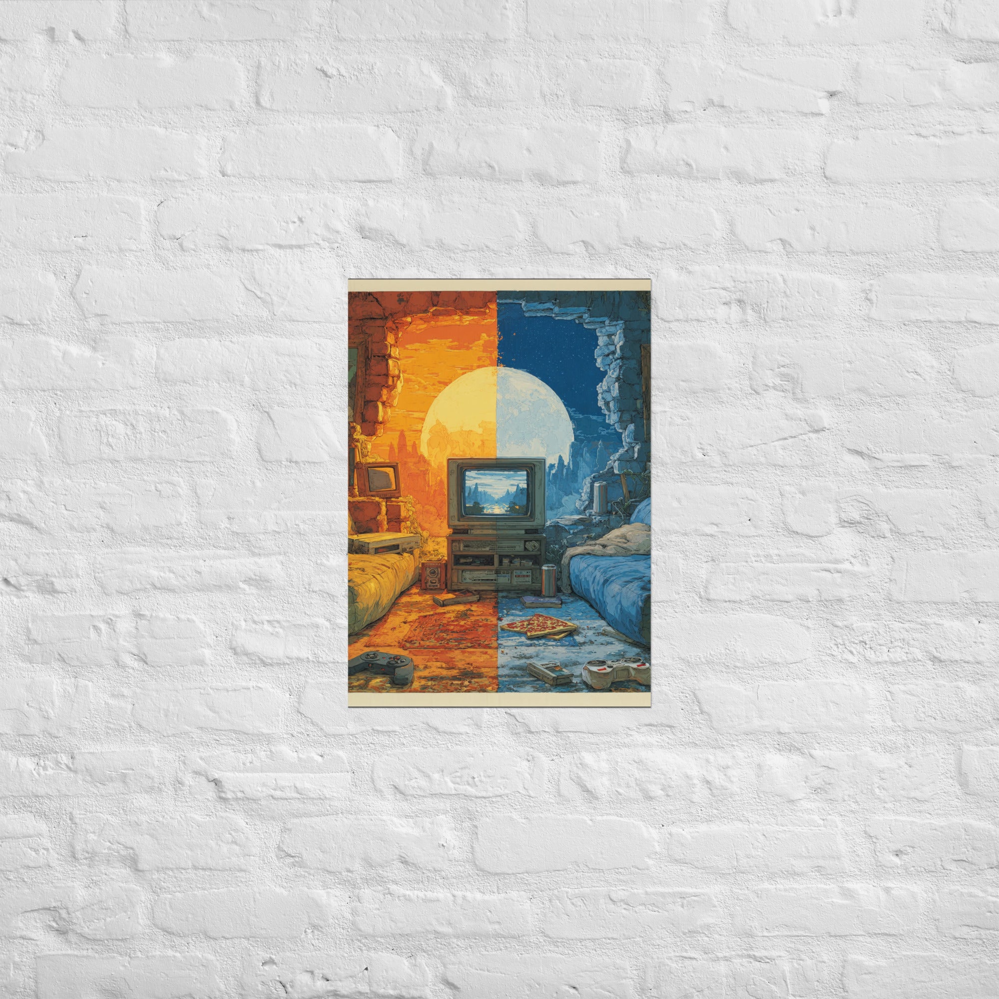 Split screen co-op print hung in a sibling shared game room, A2 size