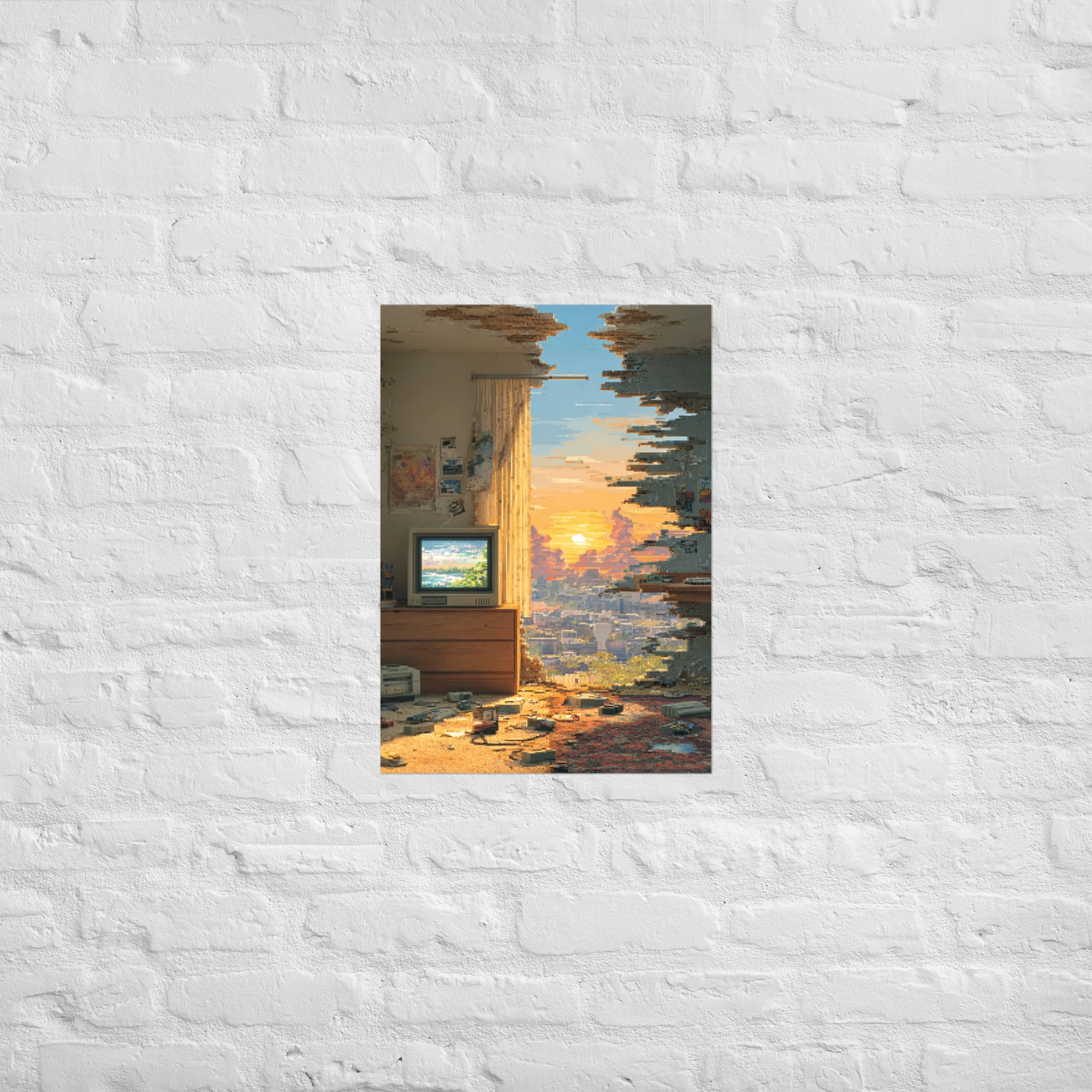 Generational divide gaming print hung in a reflective gamer dad office, A2 size