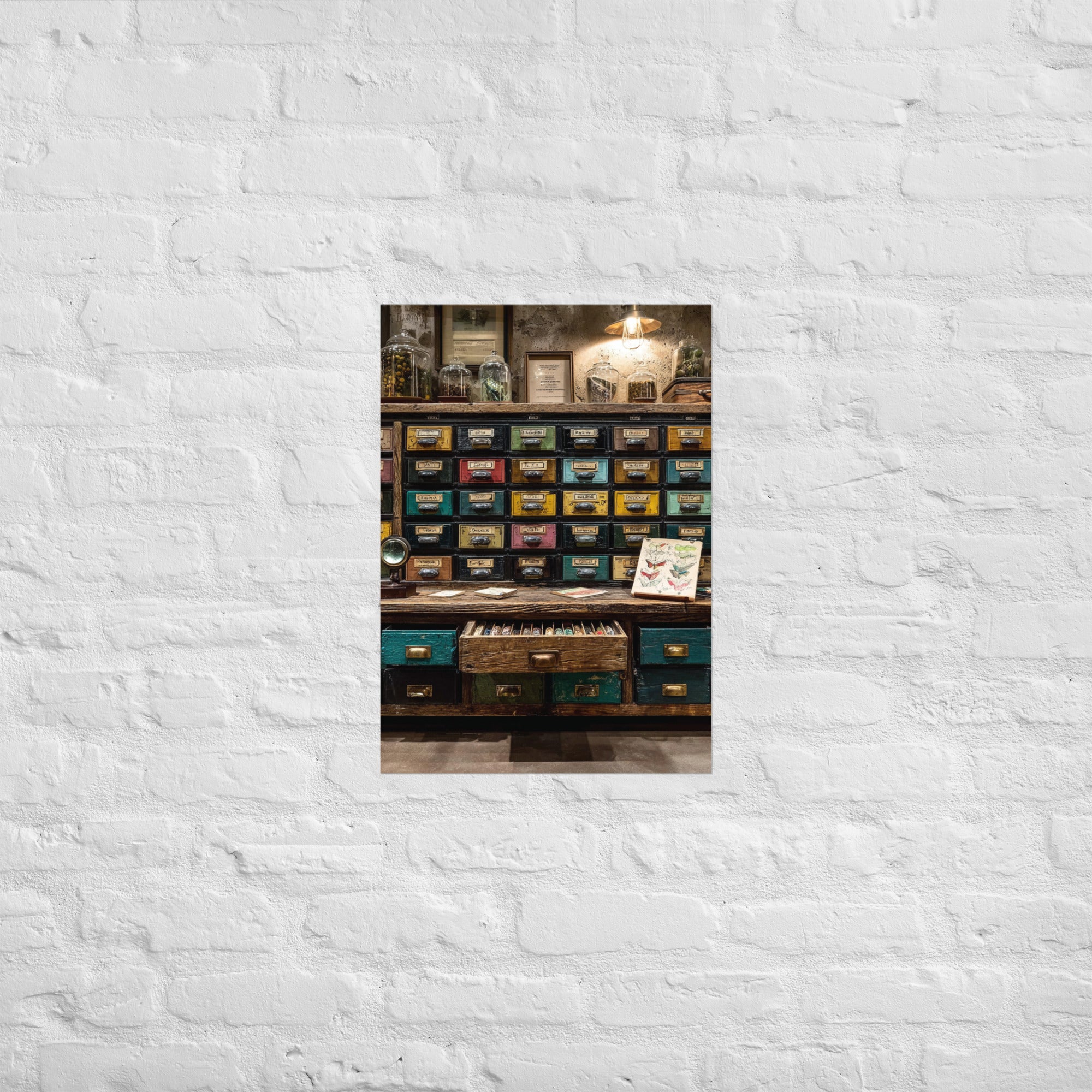 Specimen cabinet retro gaming print hung in a design-led collector's living room, A2 size