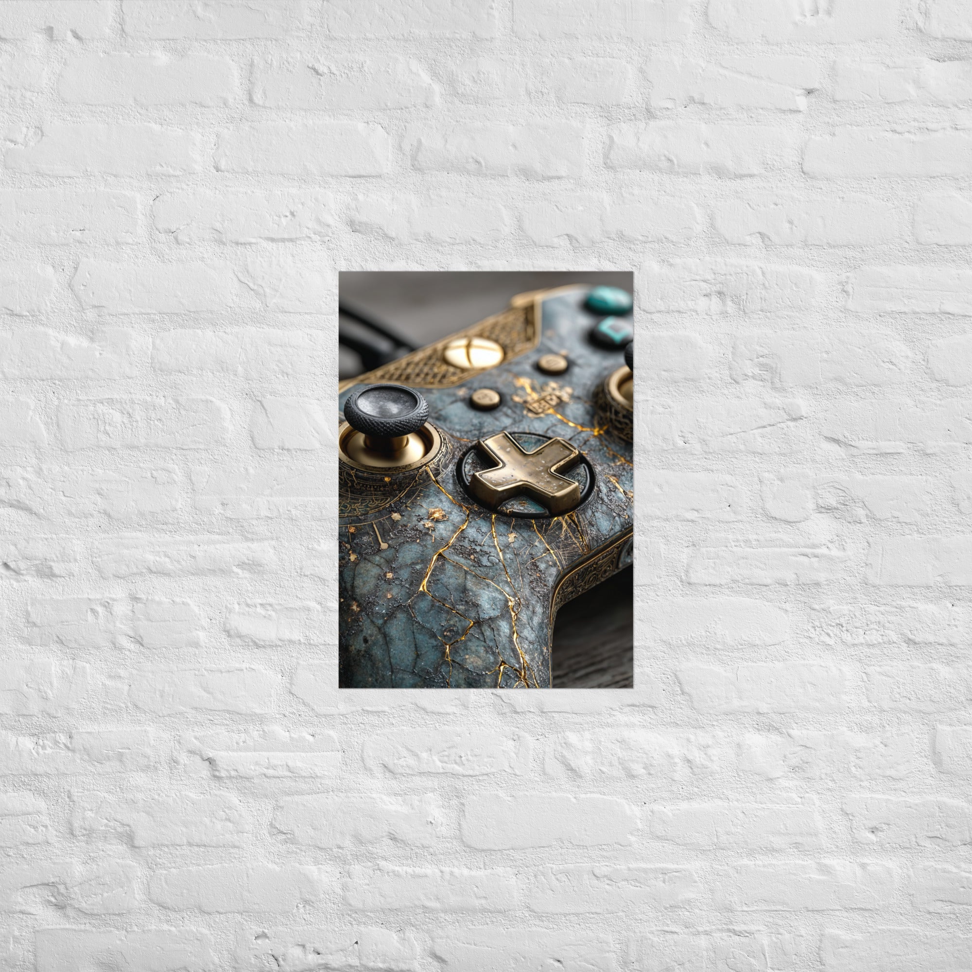 Patina-aesthetic gaming print hung in a design-led collector's room, A2 size