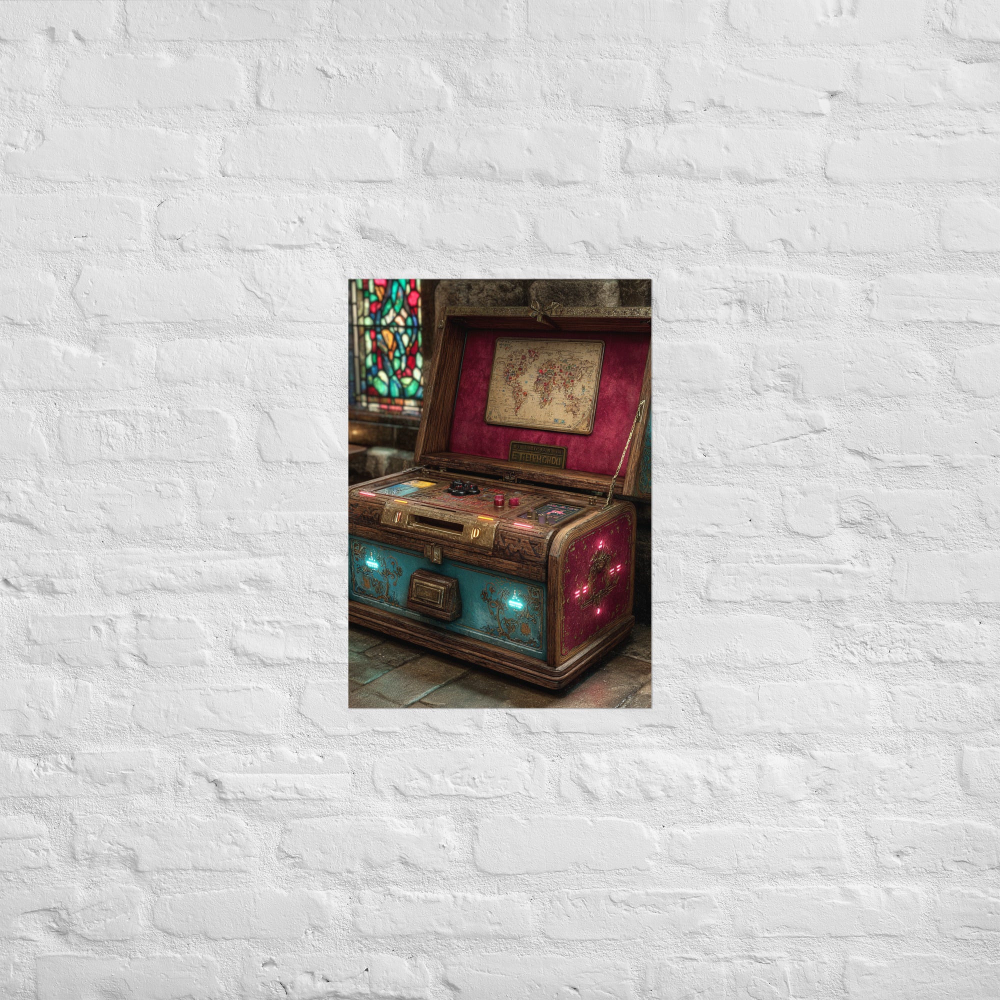 Arcade neon relic print hung in a barcade-styled premium game room, A2 size