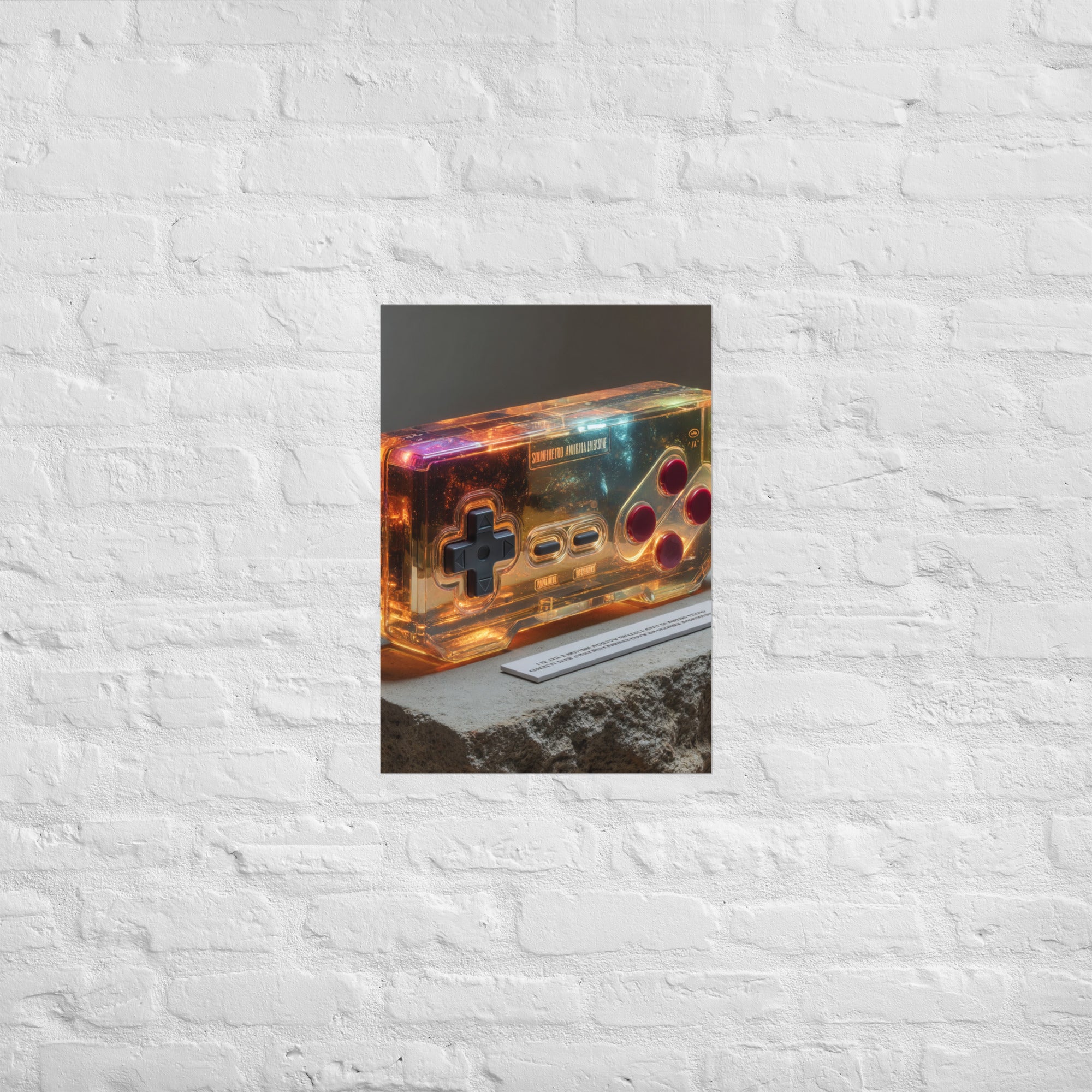 Vintage amber display gaming print hung in a design-led library, A2 size