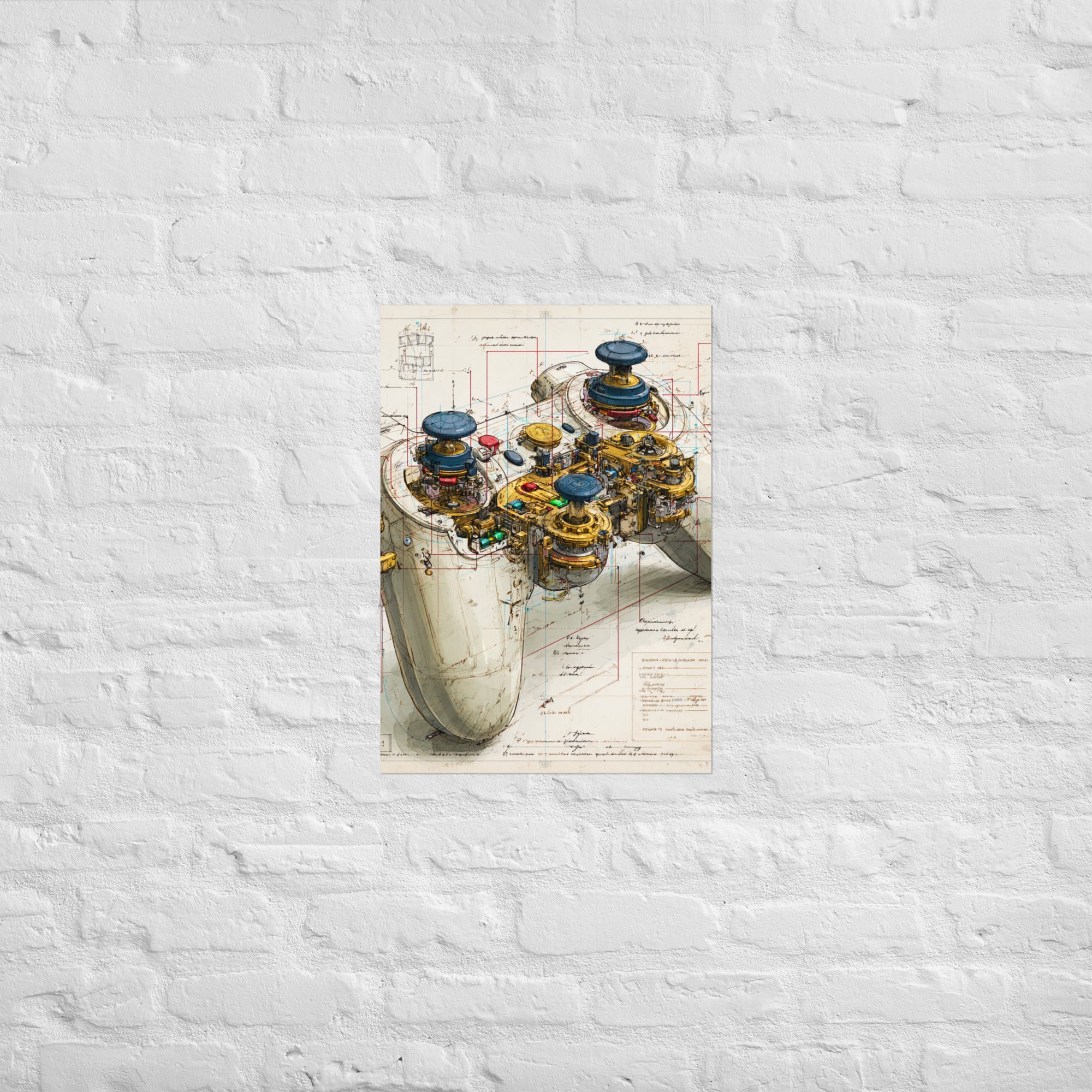 Artist study gaming print hung in a designer's studio above a drafting table, A2 size
