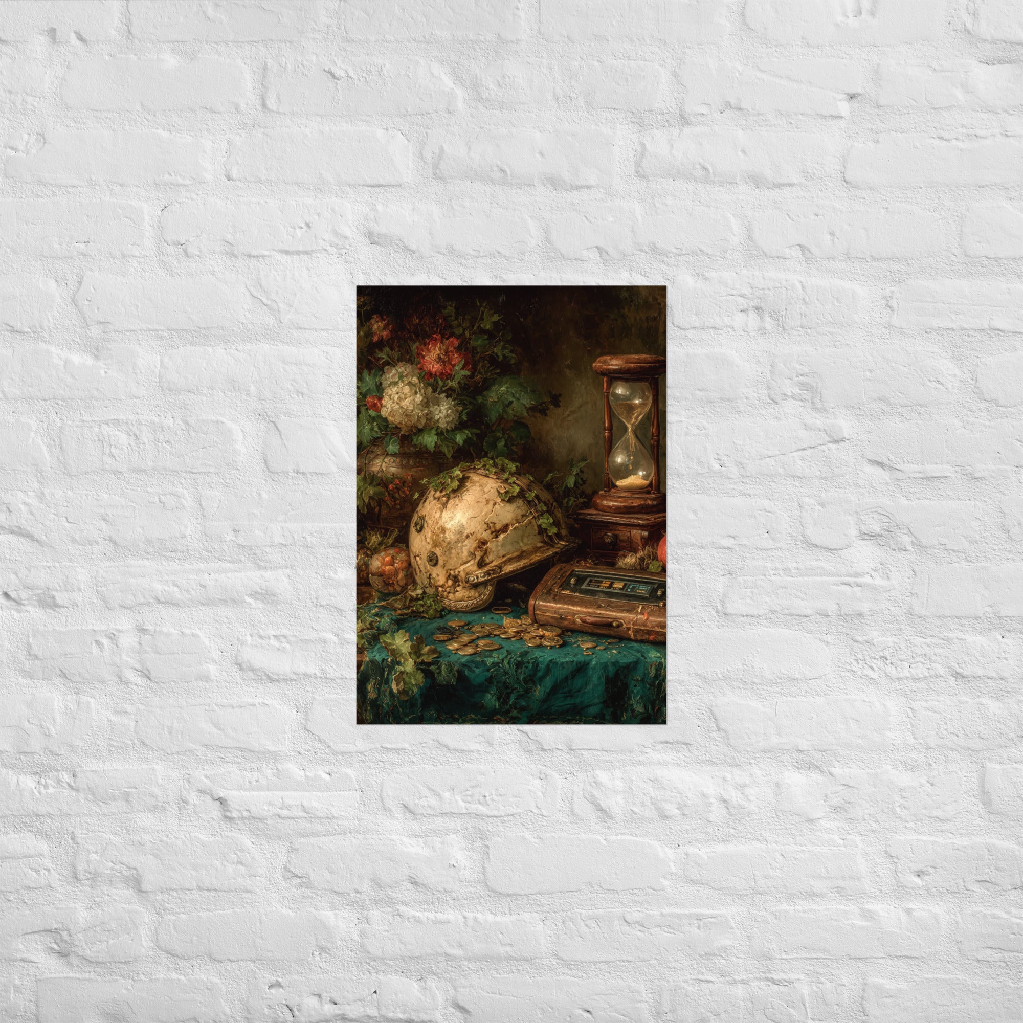 Gaming vanitas still life premium print hung in a design-led library, A2 size