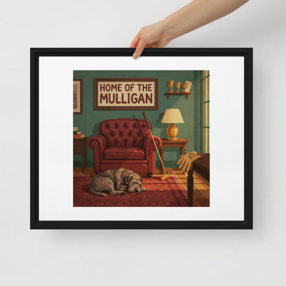 The 19th Hole golf framed canvas print in a black frame, hung in a warm living room - flat illustration of a clubhouse corner with leather armchair, putter and brass lamp