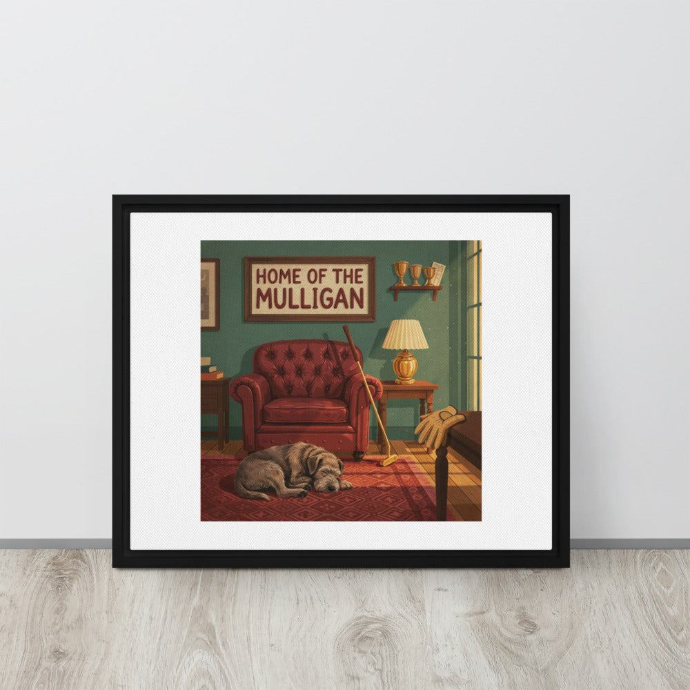 The 19th Hole framed canvas golf wall art styled above a seating area, showing the HOME OF THE MULLIGAN clubhouse scene in walnut, oxblood and forest green