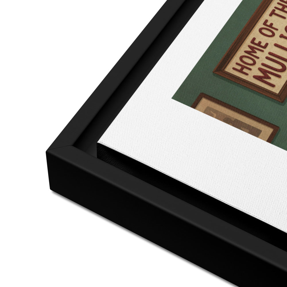 Product detail close-up of the 1.25 inch black pine frame and canvas surface on The 19th Hole golf framed canvas print