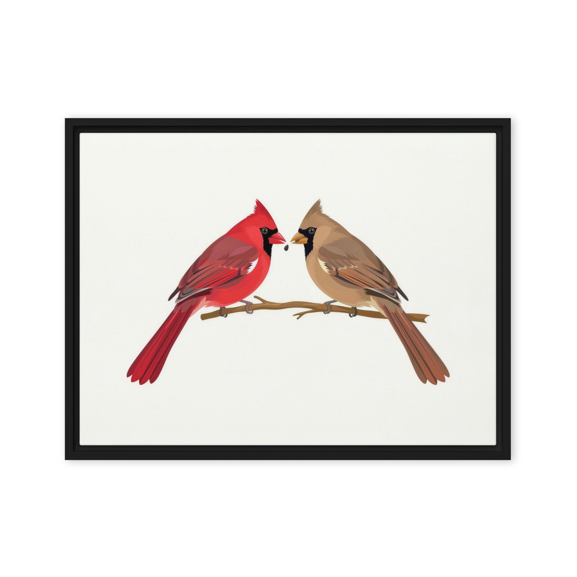 A Seed Shared framed cardinal canvas in the 18x24 size, hung landscape