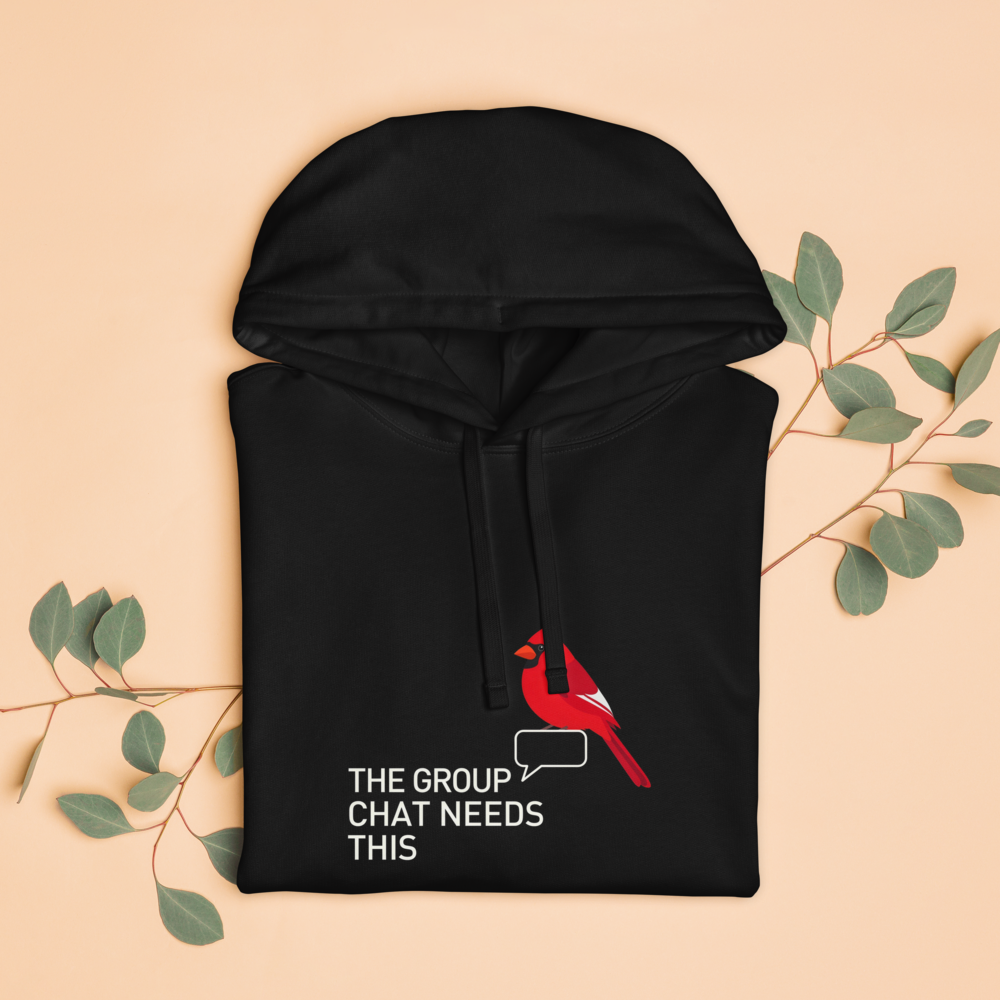 The black funny bird hoodie folded with eucalyptus leaves, showing a cardinal and speech bubble beside THE GROUP CHAT NEEDS THIS