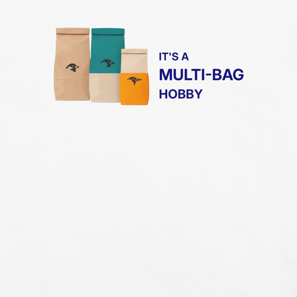 Detail of the It's a Multi-Bag Hobby print on the white tee
