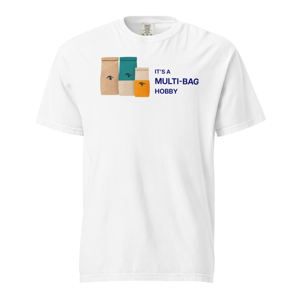 Funny Bird Shirt in White, front view: three seed bags beside IT'S A MULTI-BAG HOBBY