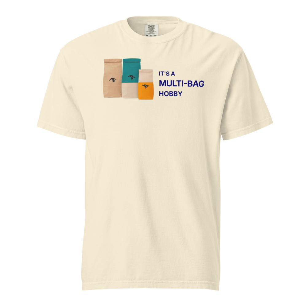 Funny Bird Shirt in Ivory, front view: three seed bags beside IT'S A MULTI-BAG HOBBY