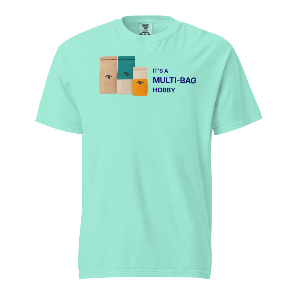 Funny Bird Shirt in Chalky Mint, front view: three seed bags beside IT'S A MULTI-BAG HOBBY