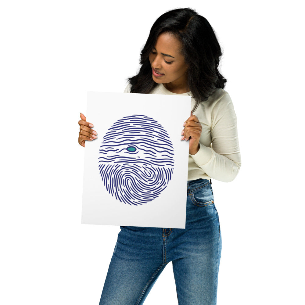 Woman holding the 11×14 inch Jupiter fingerprint metal print to show its size