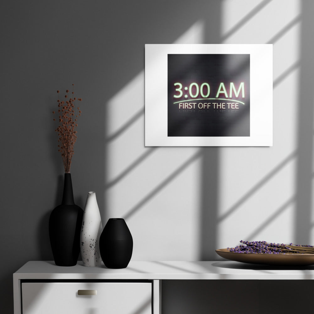 3:00 AM Tee Time golf metal print shown on a wall to give a sense of room scale