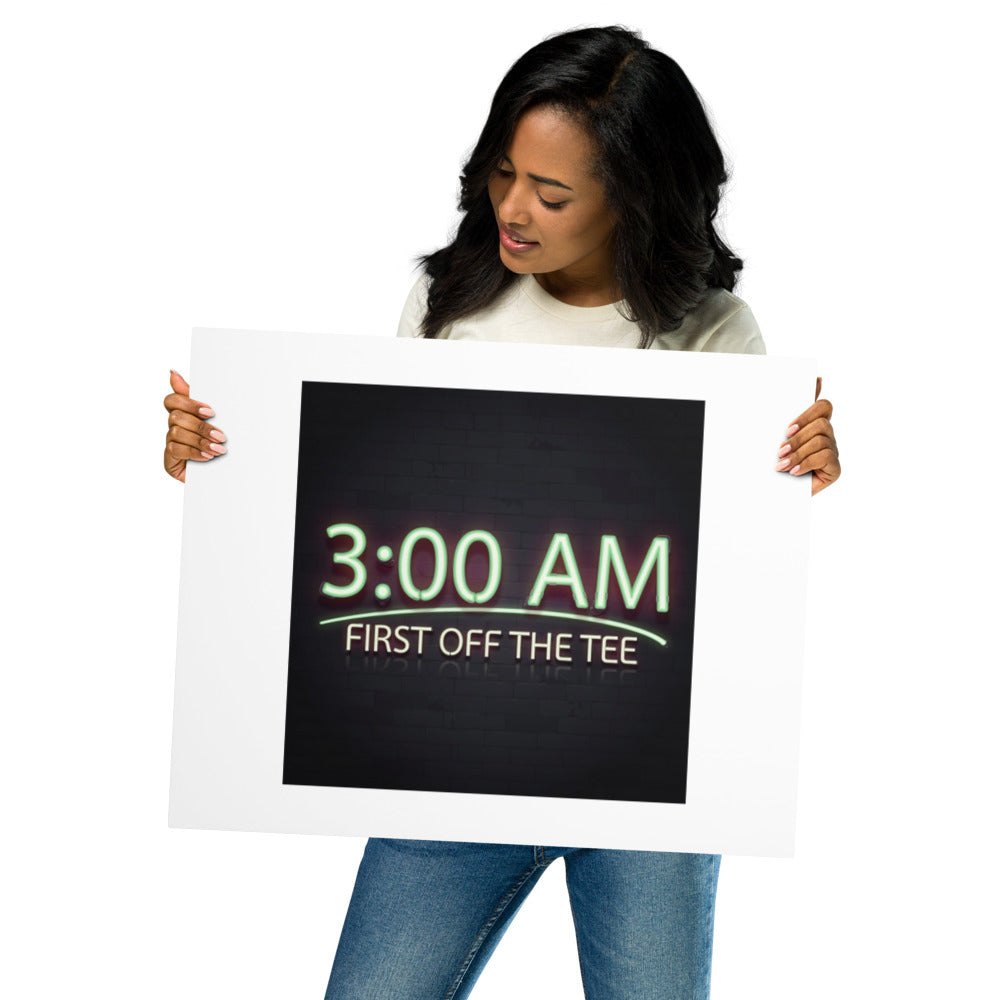 3:00 AM Tee Time neon golf metal print held up to show its 16 by 20 inch size