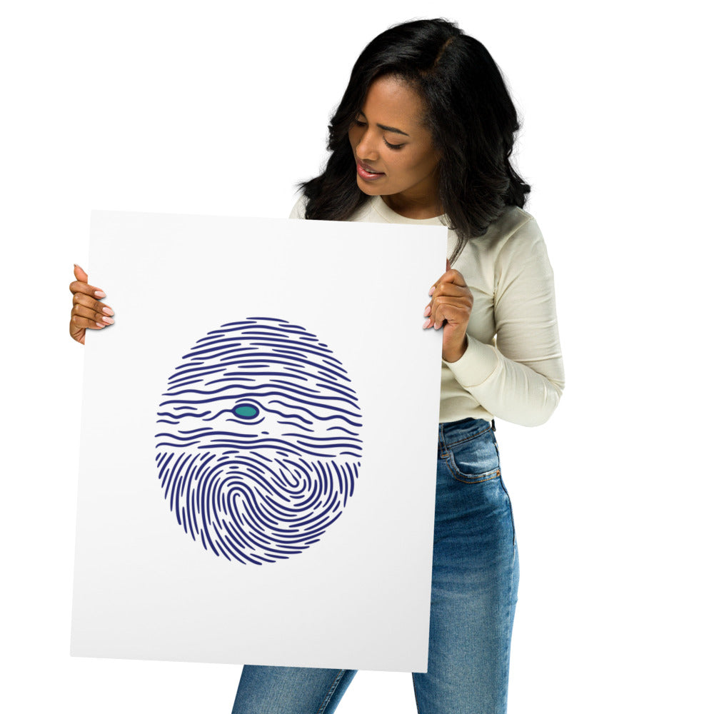 Woman holding the 16×20 inch Jupiter fingerprint metal print to show its size
