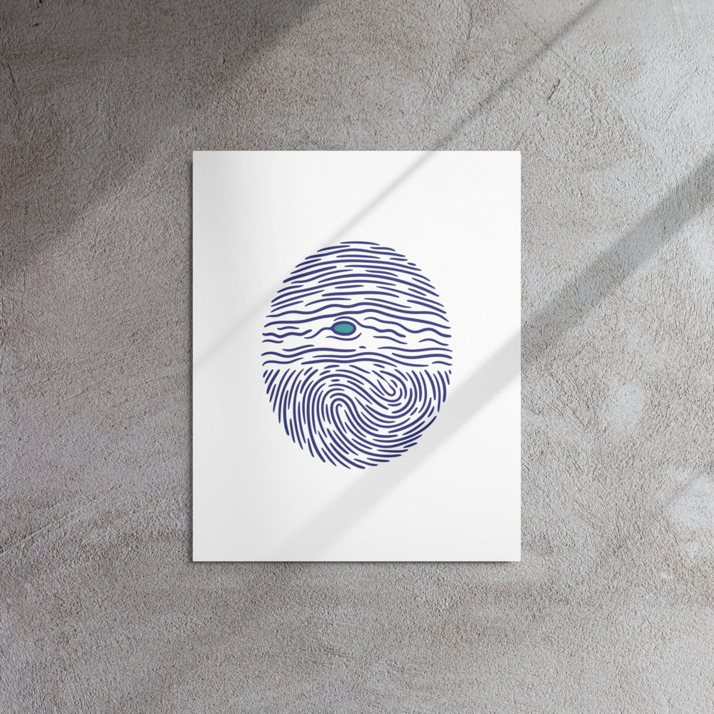 Jupiter fingerprint glossy metal print, 16×20 inch, hanging on a soft gray plaster wall in warm window light