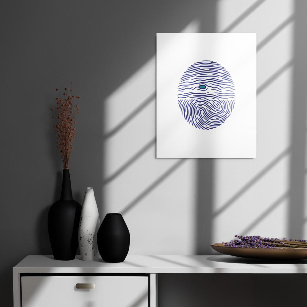 Jupiter fingerprint metal print above a white console with black vases in afternoon window shadows