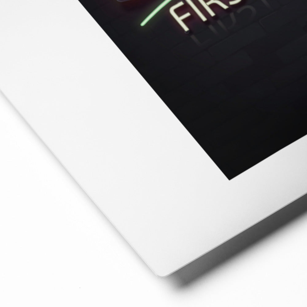 Close-up of the 3:00 AM Tee Time print showing the glossy aluminum surface and mint neon glow