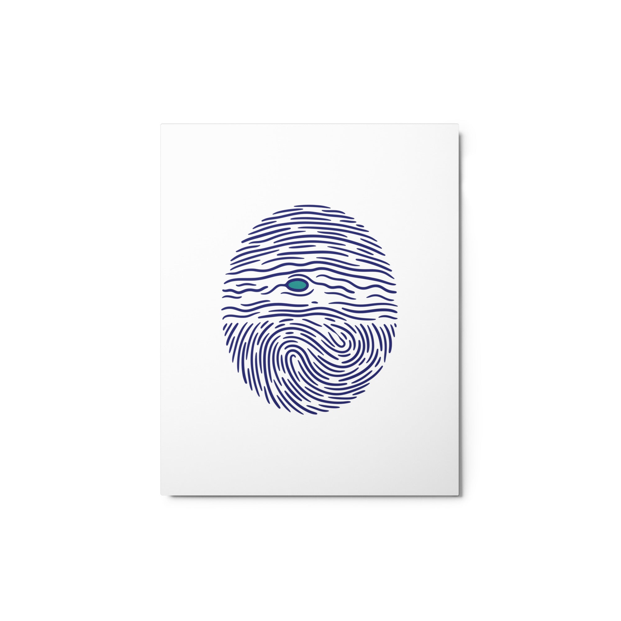 Jupiter, drawn as navy fingerprint lines forming its cloud bands around a small teal storm: glossy metal print, 8×10 inch, front view