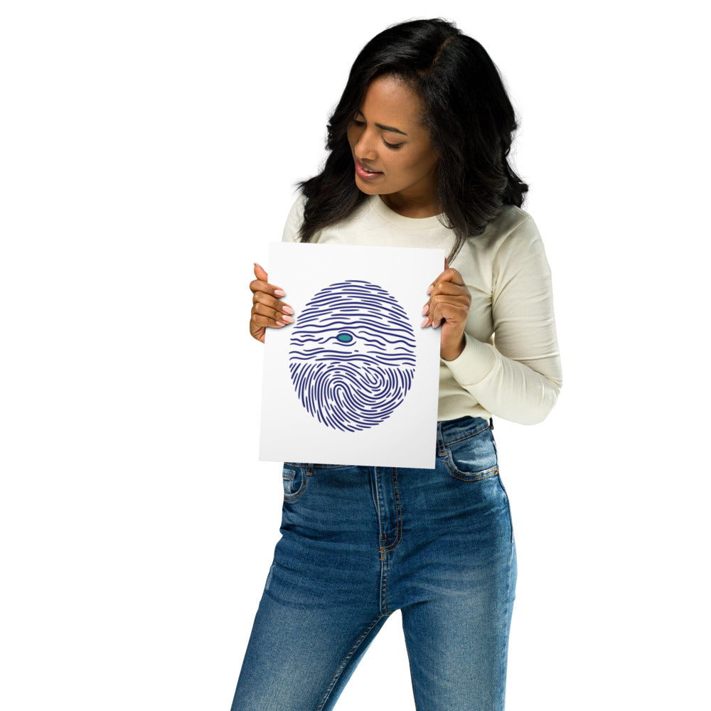 Woman holding the 8×10 inch Jupiter fingerprint metal print to show its size