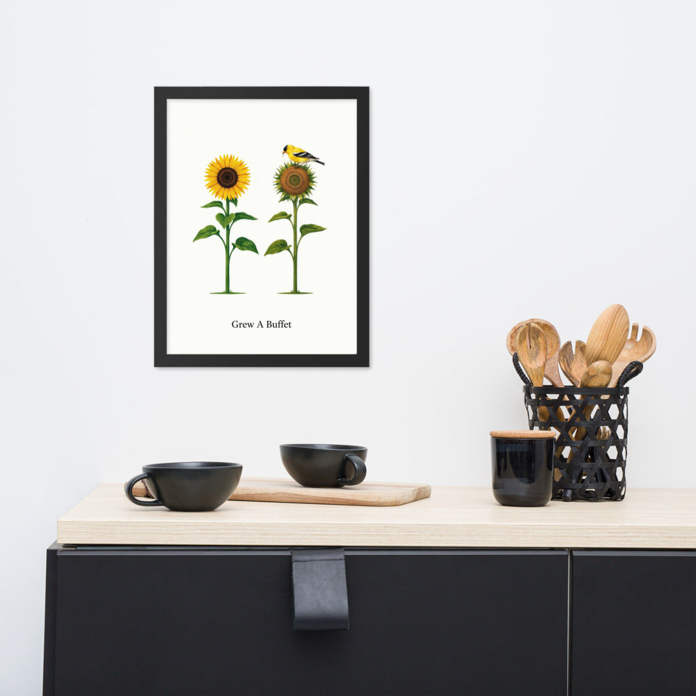 Grew A Buffet framed sunflower and goldfinch print hanging above a kitchen sideboard