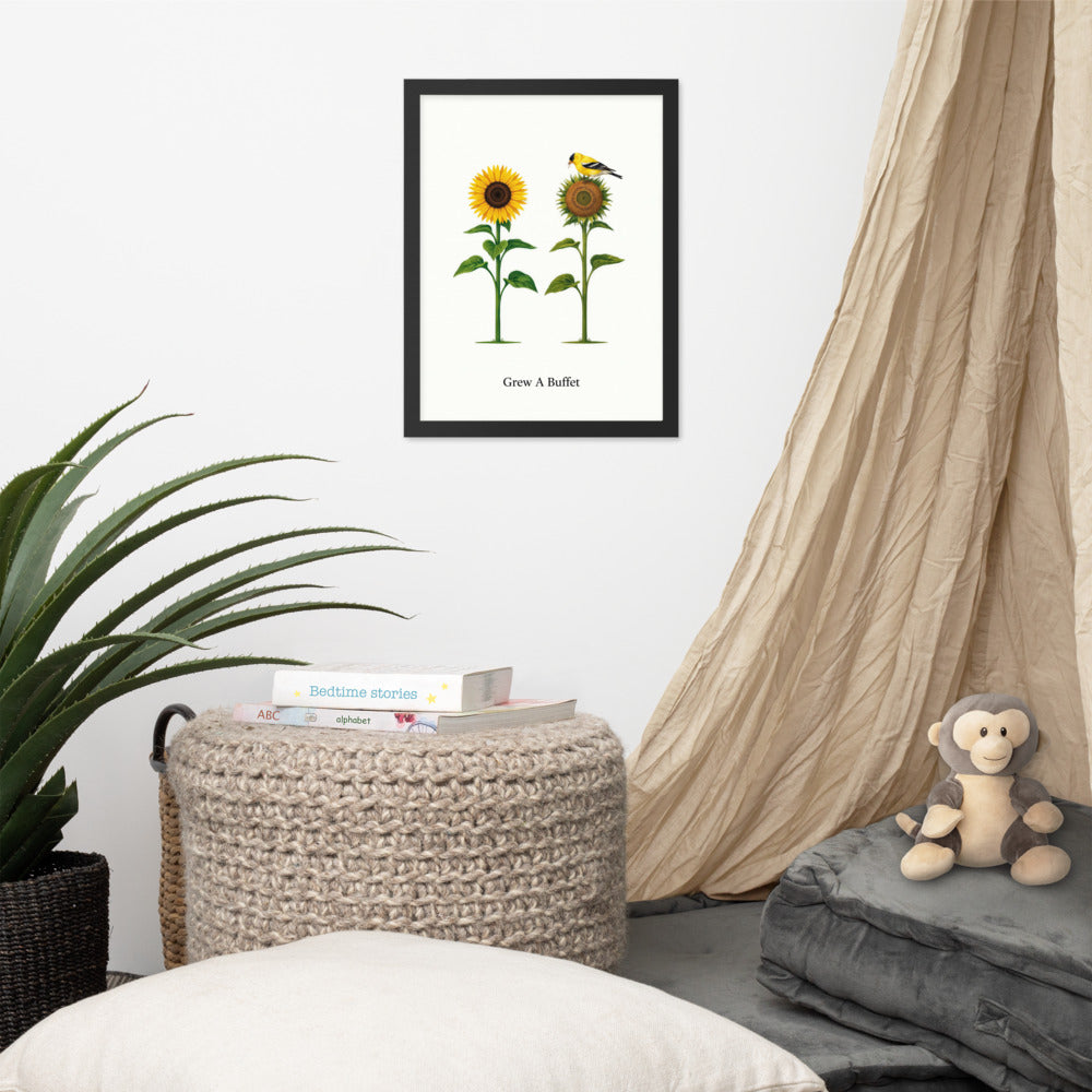 Grew A Buffet framed sunflower and goldfinch print in a cozy reading corner