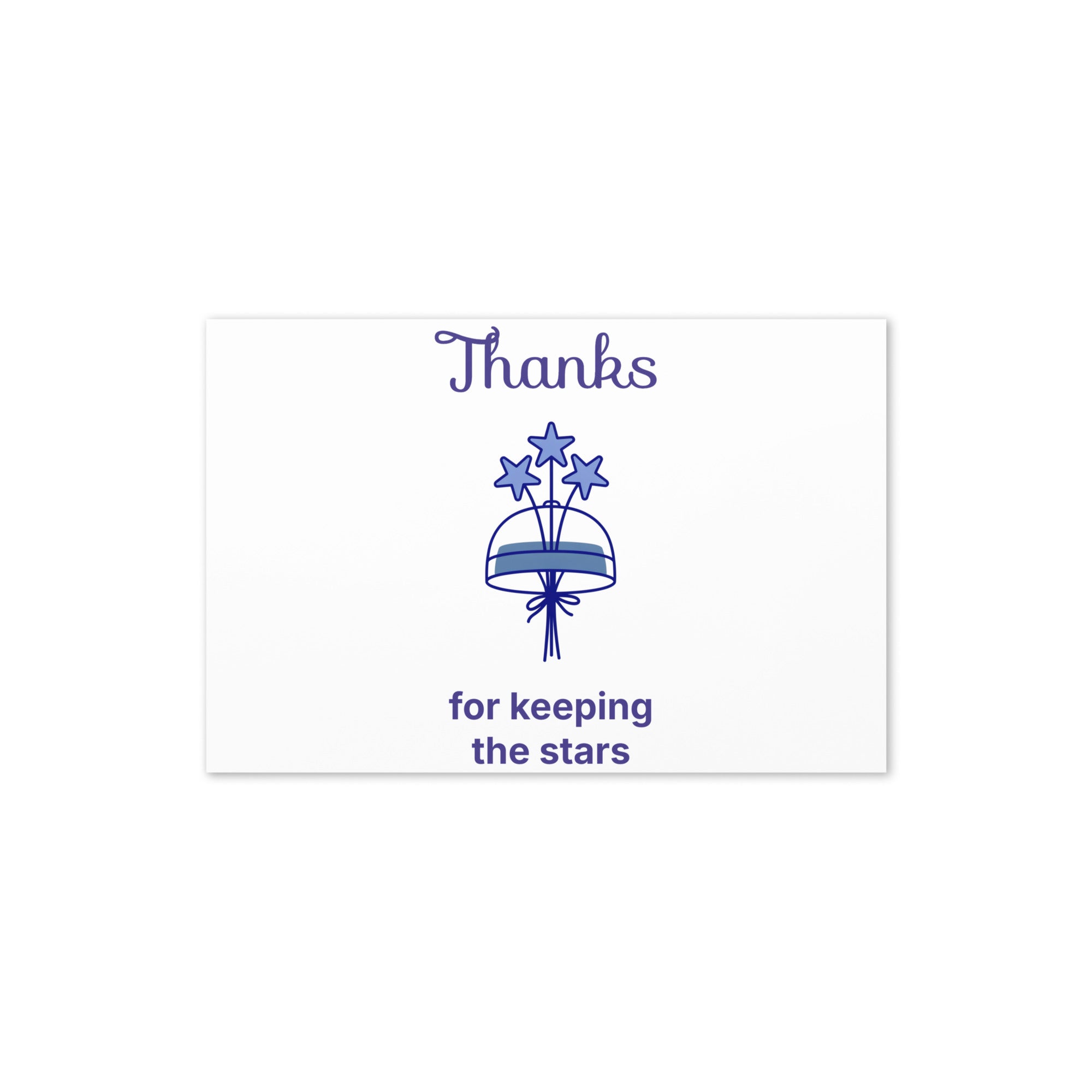 Dark sky thank you card front, 4x6 in, Thanks in script over a three-star bouquet with for keeping the stars