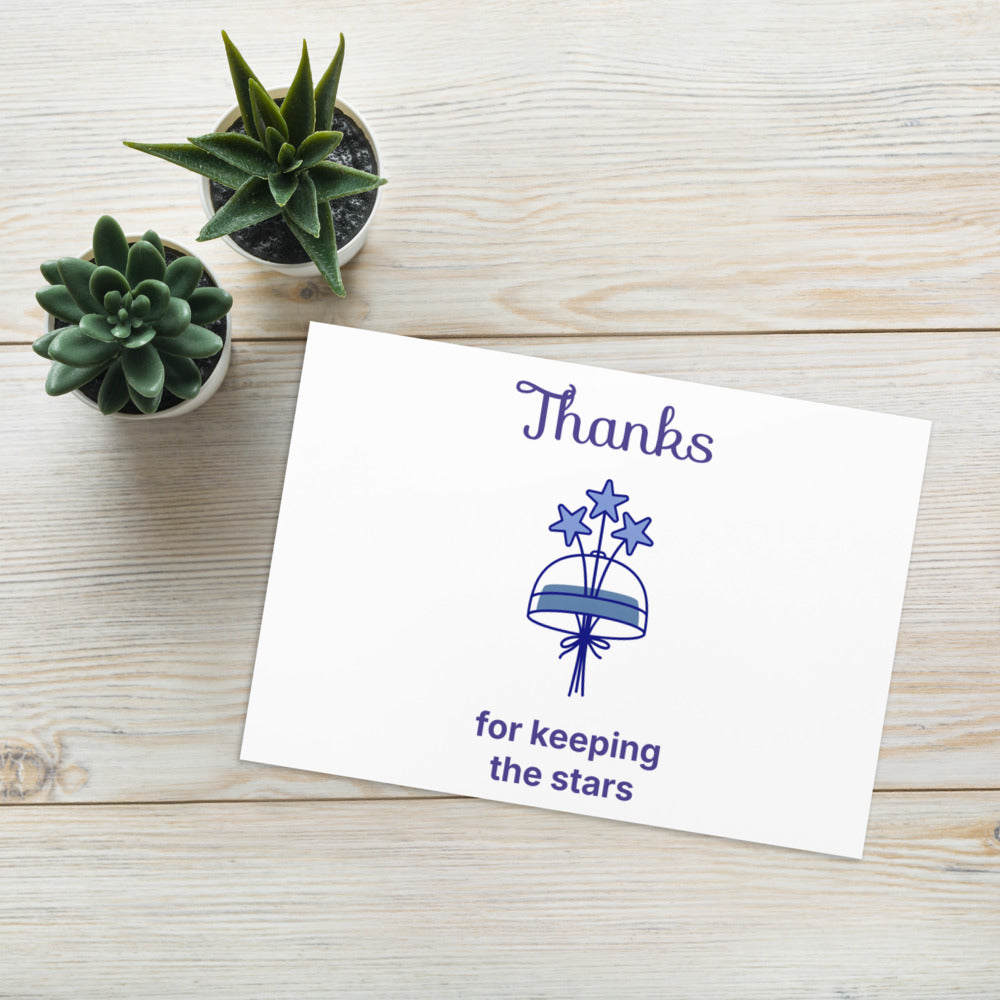 Dark sky thank you card, 5.83x8.27 in, Thanks for keeping the stars, on a whitewashed table next to two succulents